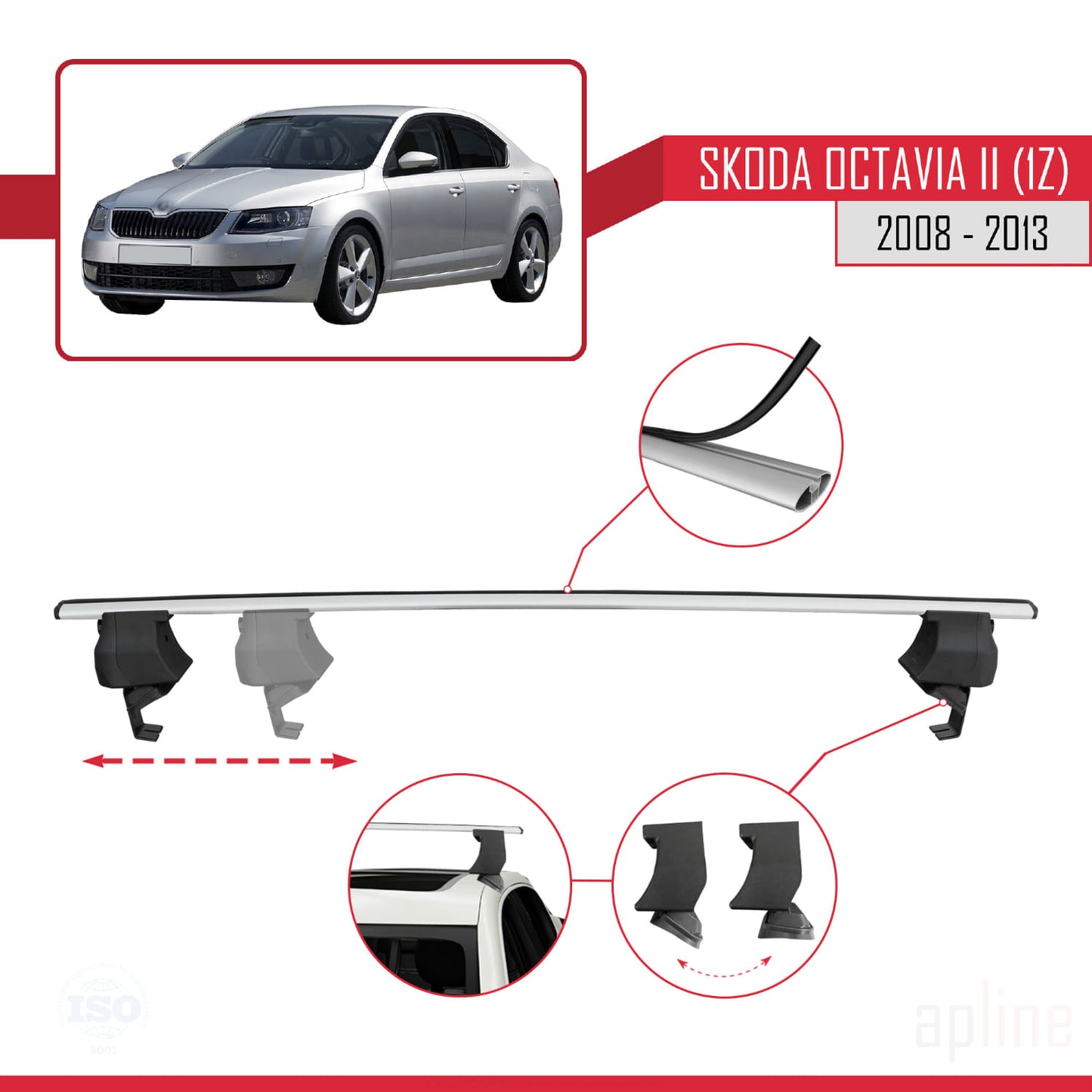 Compatible with Skoda Octavia 2 (1Z) Post-Facelift 2008-2013 ACE-4 Car Roof Rack Cross Bar Grey Aluminium 2 Bars