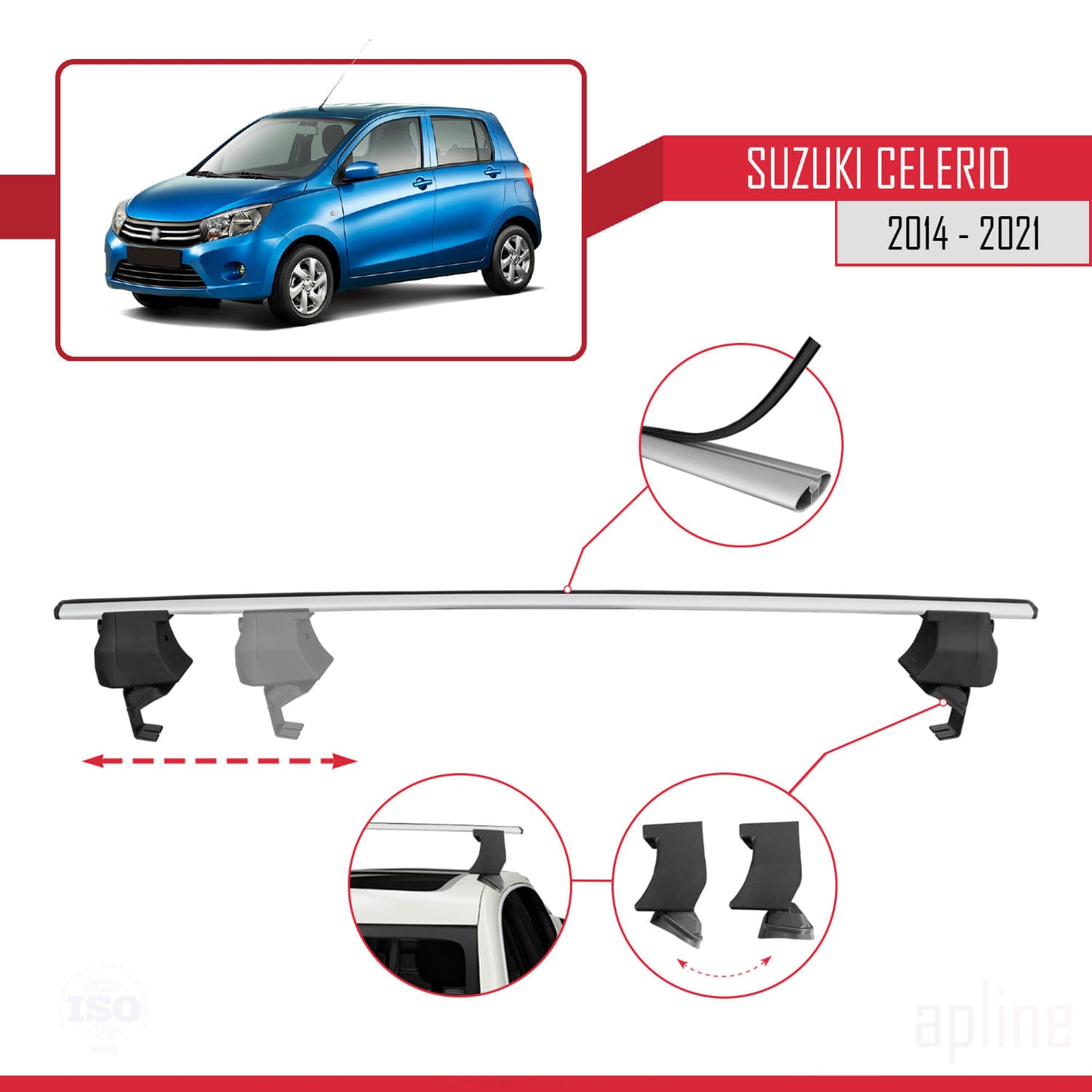 Compatible with Suzuki Celerio 2 (FE) 2014-2021 ACE-4 Car Roof Rack Cross Bar Grey Aluminium 2 Bars