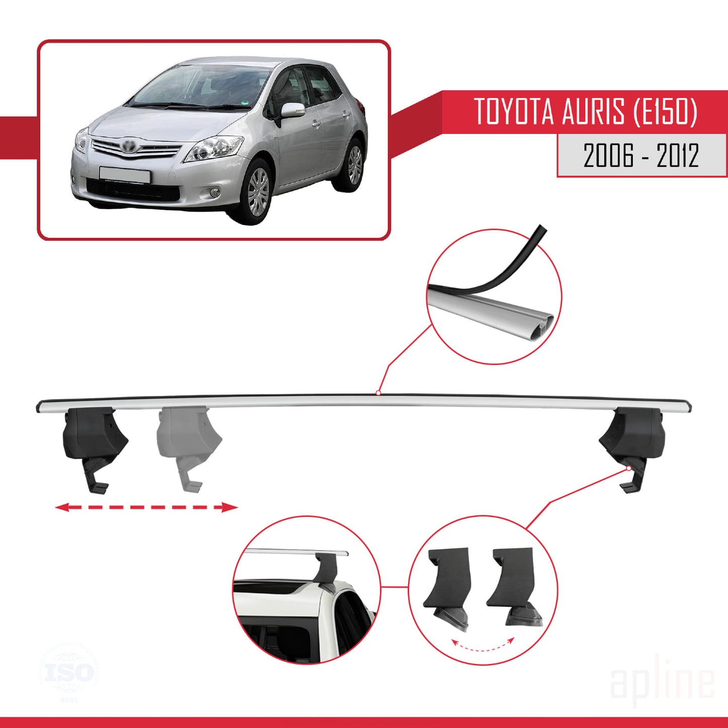 Compatible with Toyota Auris (E150) 2006-2012 ACE-4 Car Roof Rack Cross Bar Grey Aluminium 2 Bars