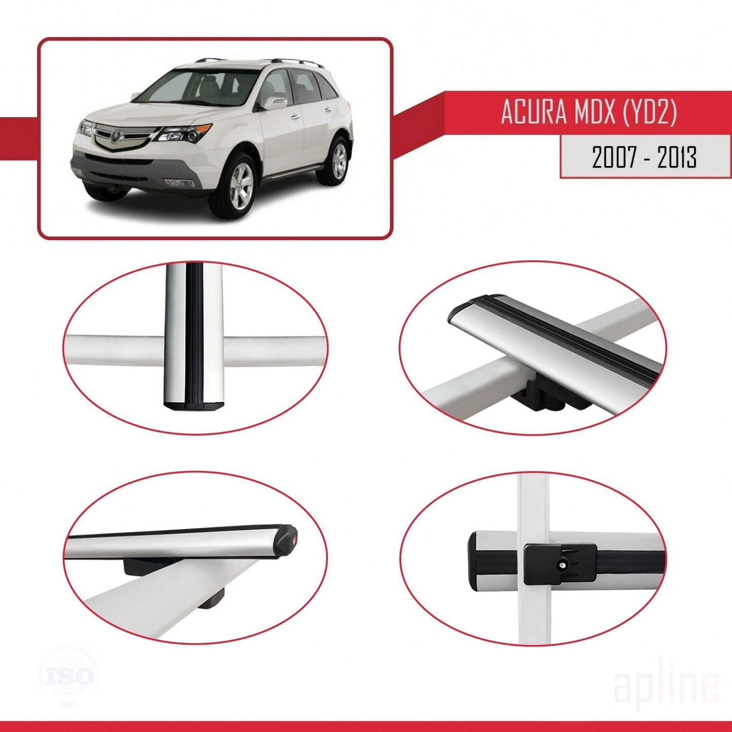 Kompatibel mit Acura MDX (YD2) 2007-2013 Basismodell Dachgepäckträger, graues Aluminium, 3 Stangen