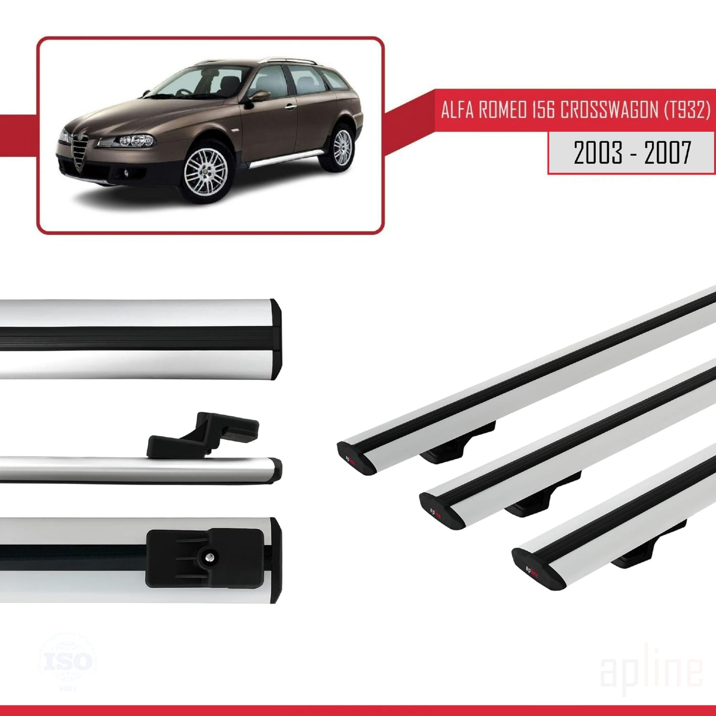 Compatible avec Alfa Romeo 156 (T932) Crosswagon 2003-2007 BASIC Model Barres de Toit Railing Porte-Bagages de Voiture Gris Aluminium 3 Barres