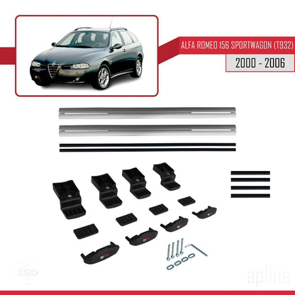 Kompatibel mit Alfa Romeo 156 (T932) Kombi 2000-2006 Basismodell Dachgepäckträger, graues Aluminium, 2 Stangen