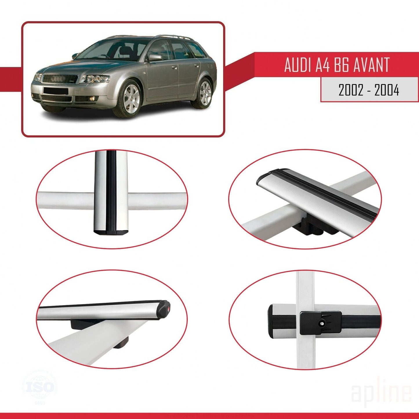 Kompatibel mit A4 (B6) Avant 2002-2004 Basismodell Dachgepäckträger, graues Aluminium, 2 Stangen
