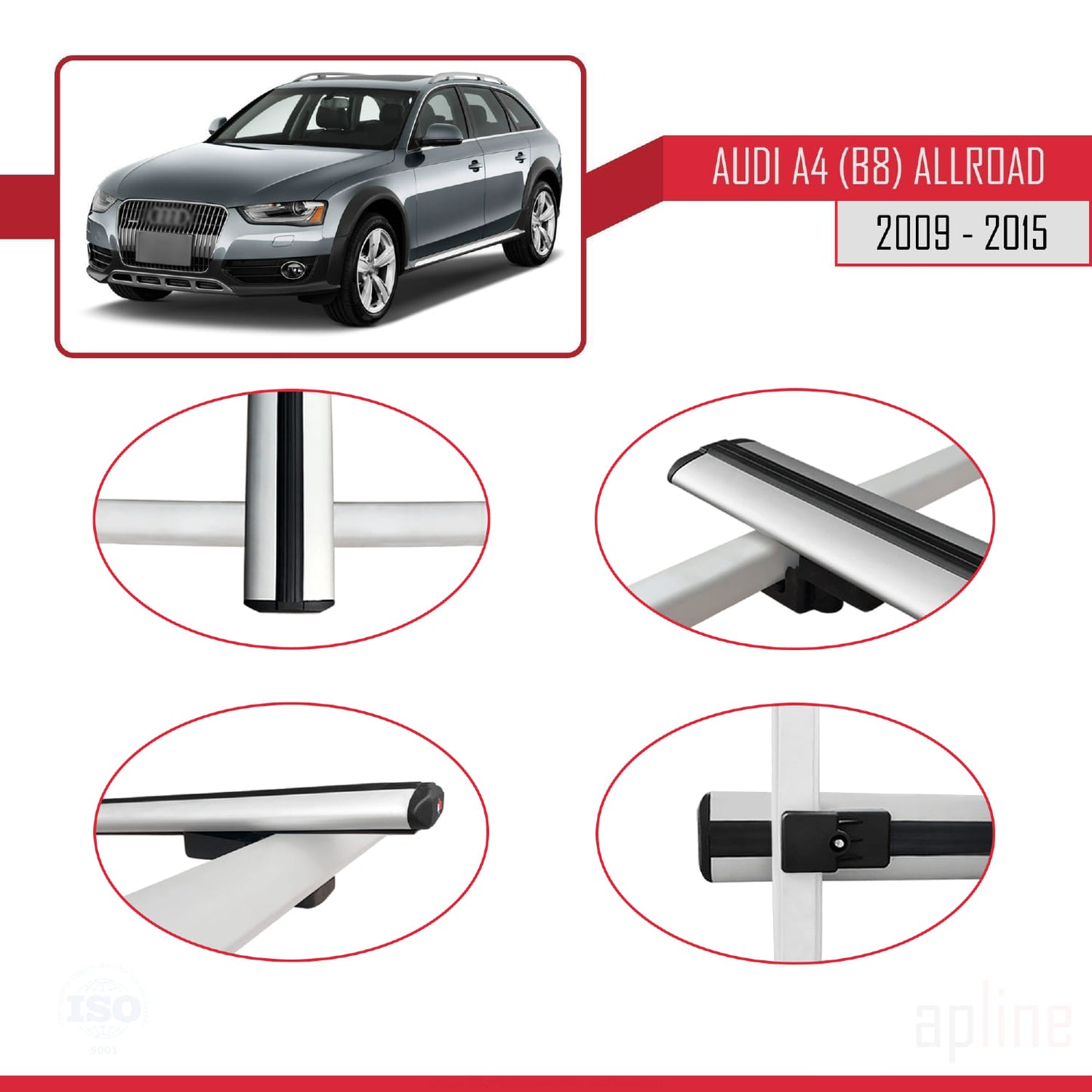 Kompatibel mit A4 (B8) Allroad 2009-2015 Basismodell Dachgepäckträger, graues Aluminium, 2 Stangen