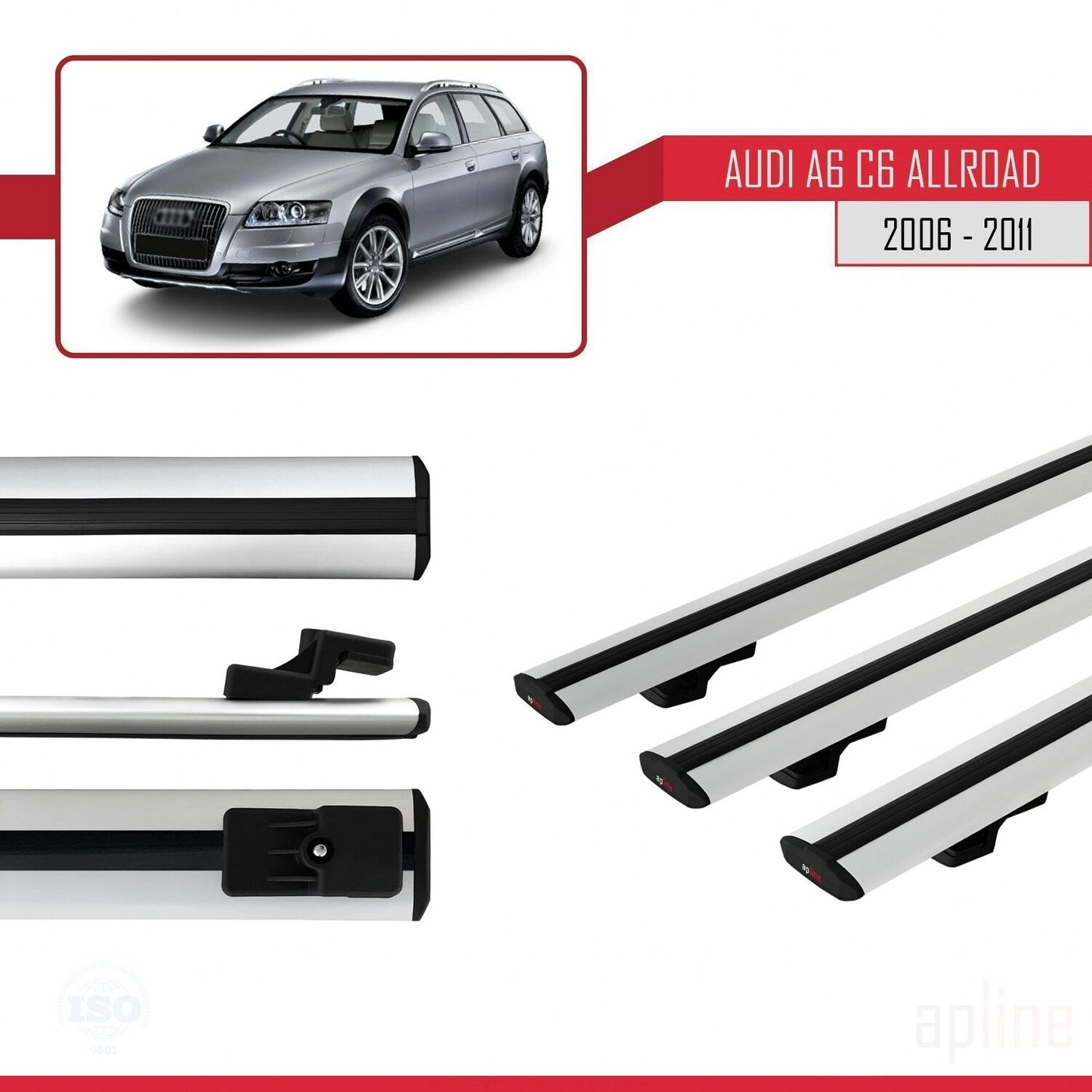 Compatible avec A6 (C6) Allroad 2006-2011 BASIC Model Barres de Toit Railing Porte-Bagages de Voiture Gris Aluminium 3 Barres