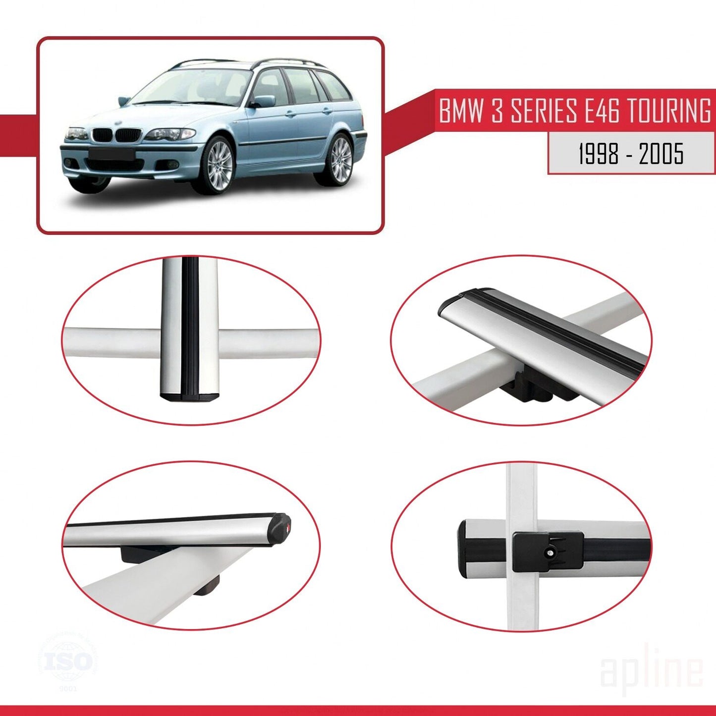 Compatible avec BMW Série 3 (E46) Touring 1999-2005 BASIC Model Barres de Toit Railing Porte-Bagages de Voiture Gris Aluminium 2 Barres