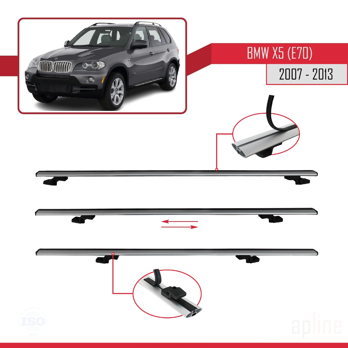 Compatible avec BMW X5 (E70) 2007-2013 BASIC Model Barres de Toit Railing Porte-Bagages de Voiture Gris Aluminium 2 Barres