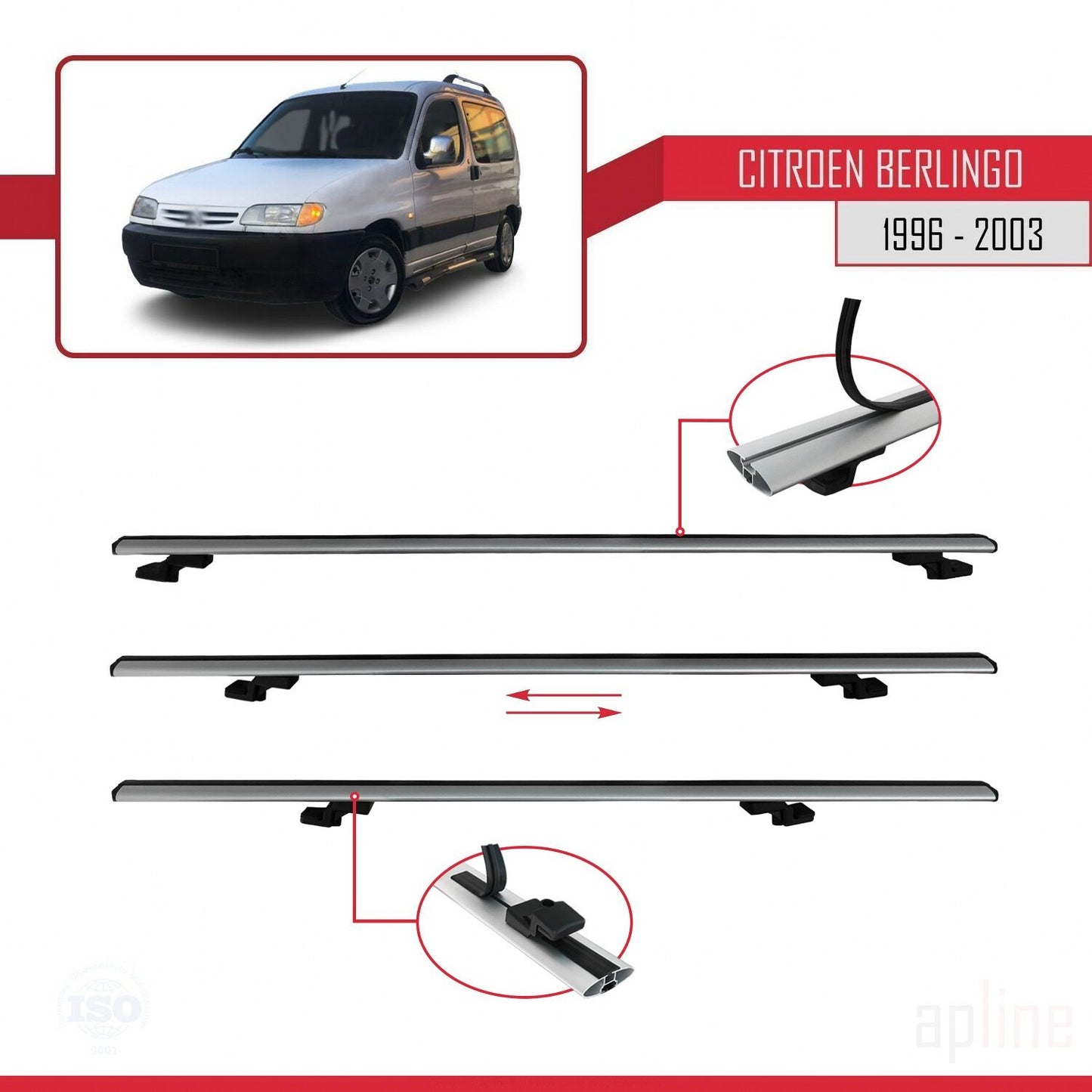 Compatible con Citroen Berlingo (M49) 1996-2003 BASIC Model Barras de Techo Auto Portaequipajes Barras Transversales Gris Aluminio 3 Barras