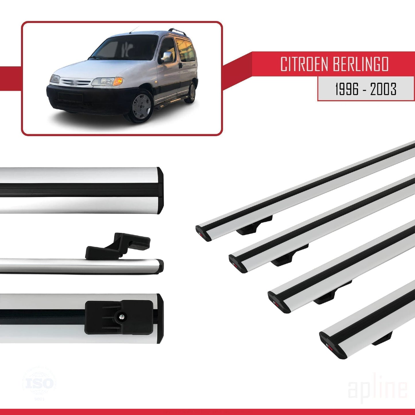 Compatible con Citroen Berlingo (M49) 1996-2003 BASIC Model Barras de Techo Auto Portaequipajes Barras Transversales Gris Aluminio 4 Barras