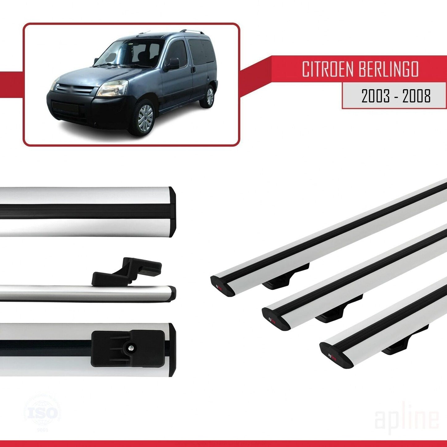 Compatible con Citroen Berlingo (M59) 2003-2008 BASIC Model Barras de Techo Auto Portaequipajes Barras Transversales Gris Aluminio 3 Barras