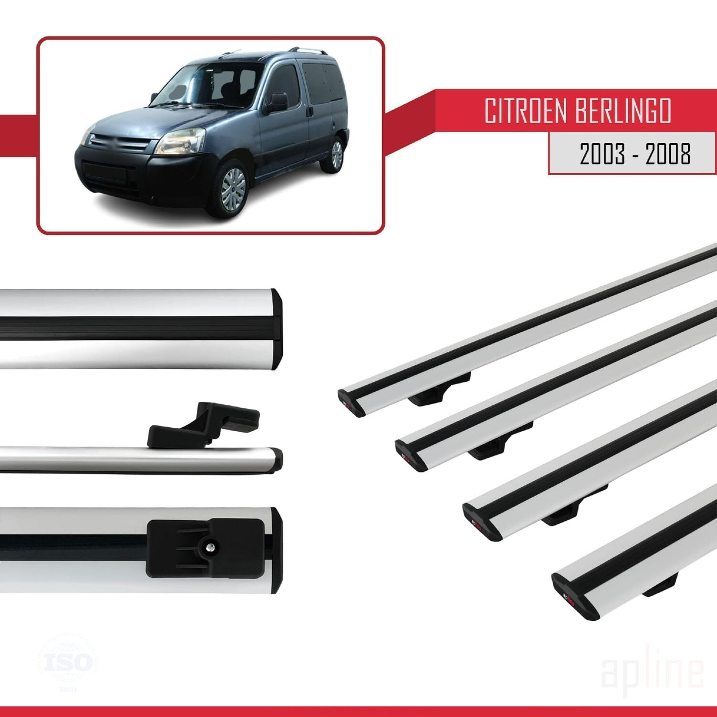 Compatible with Citroen Berlingo (M59) 2003-2008 BASIC Model Car Roof Rack Cross Bar Grey Aluminium 4 Bars