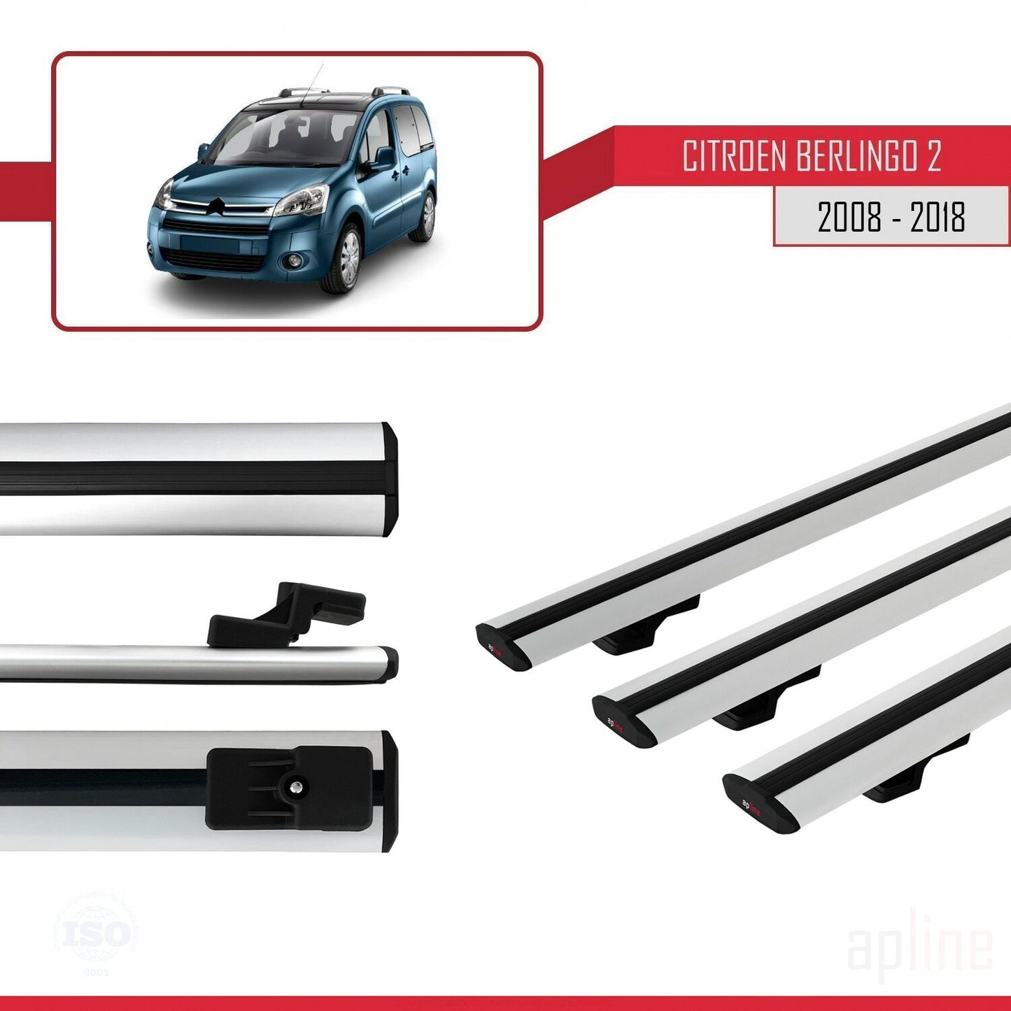 Compatible avec Citroen Berlingo 2 (B9) 2008-2018 BASIC Model Barres de Toit Railing Porte-Bagages de Voiture Gris Aluminium 3 Barres