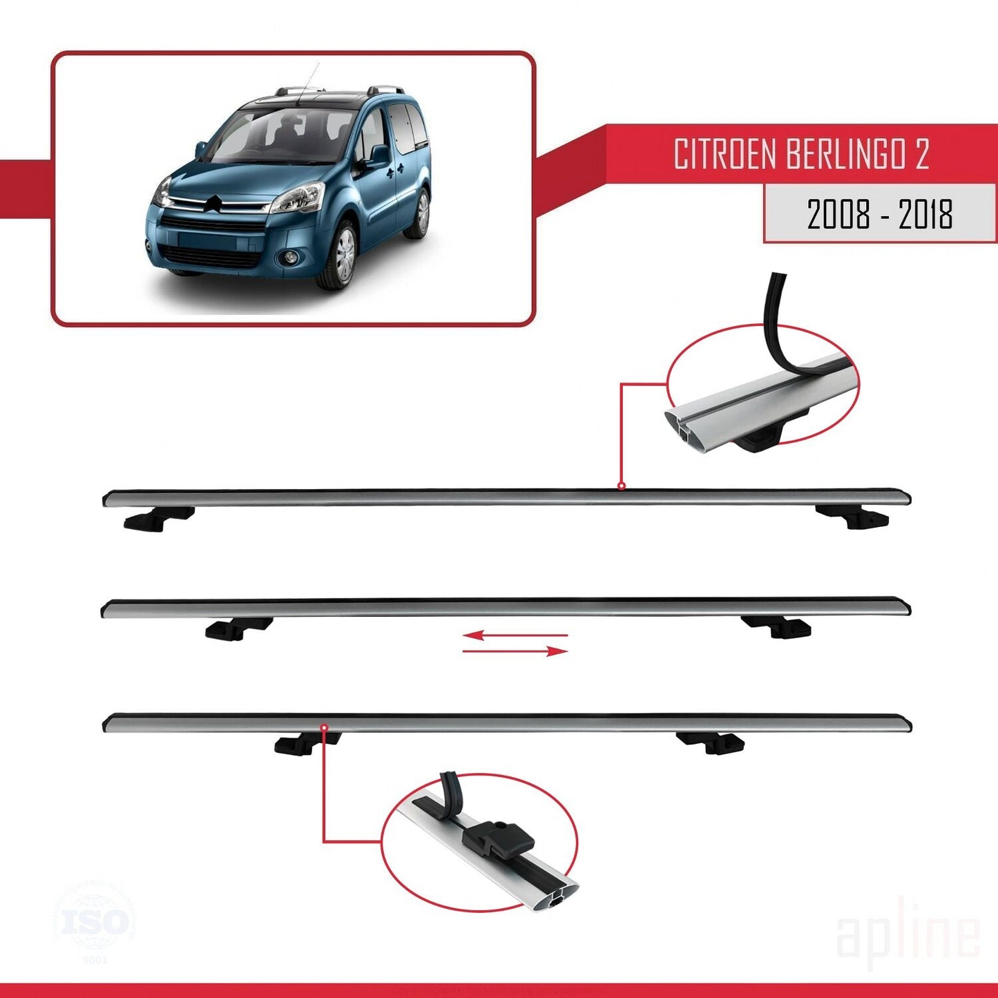 Compatible avec Citroen Berlingo 2 (B9) 2008-2018 BASIC Model Barres de Toit Railing Porte-Bagages de Voiture Gris Aluminium 3 Barres