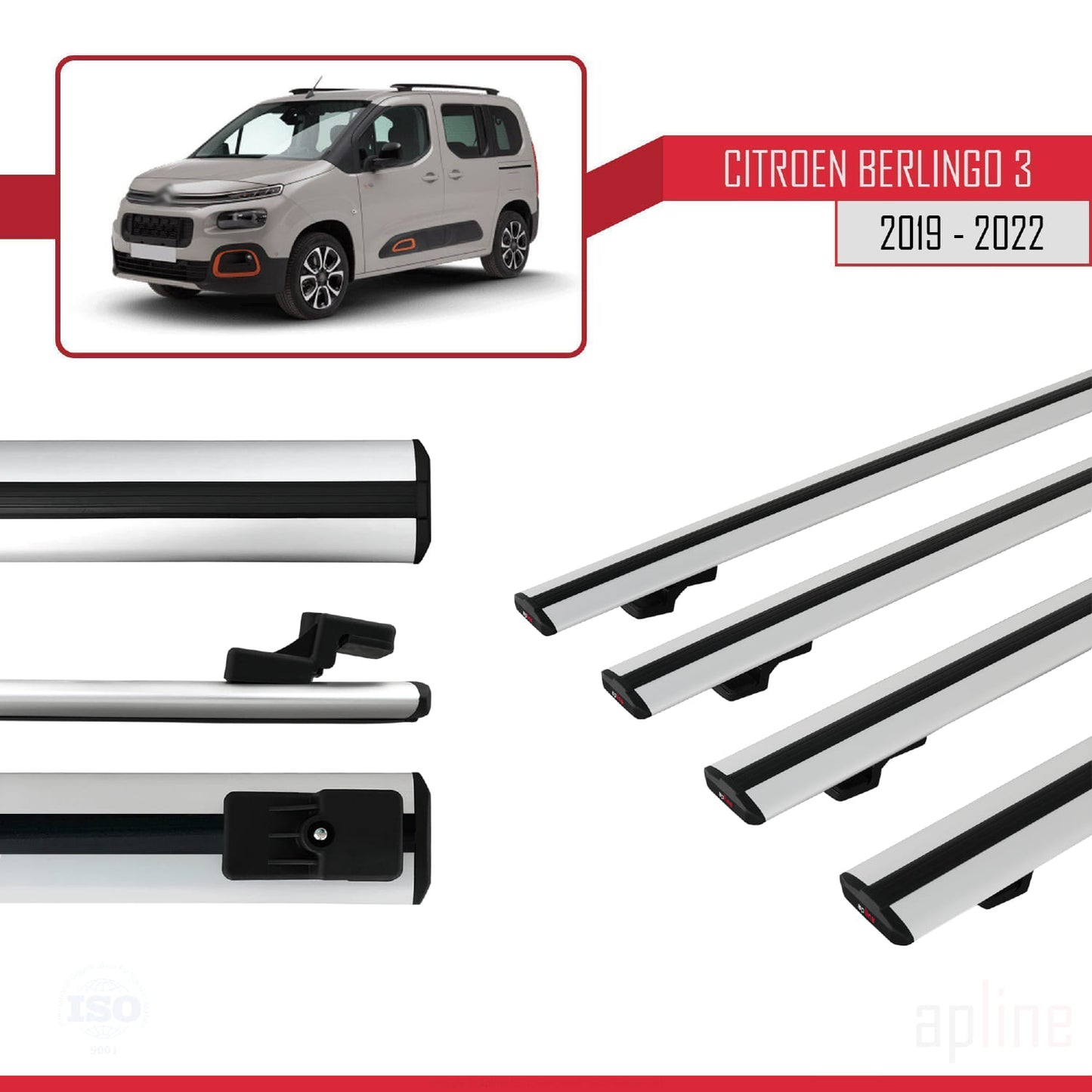 Compatible con Citroen Berlingo 3 (K9) 2019-2022 BASIC Model Barras de Techo Auto Portaequipajes Barras Transversales Gris Aluminio 4 Barras