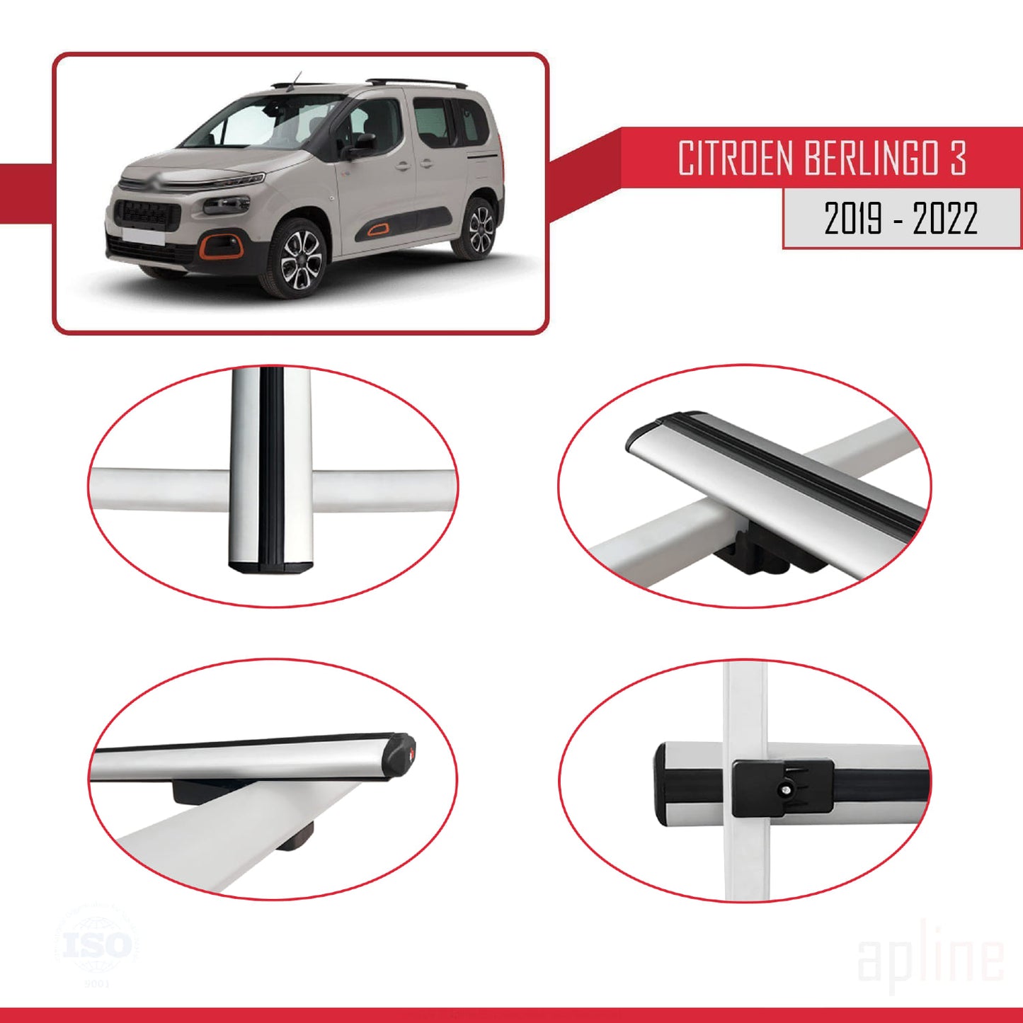 Compatible con Citroen Berlingo 3 (K9) 2019-2022 BASIC Model Barras de Techo Auto Portaequipajes Barras Transversales Gris Aluminio 4 Barras