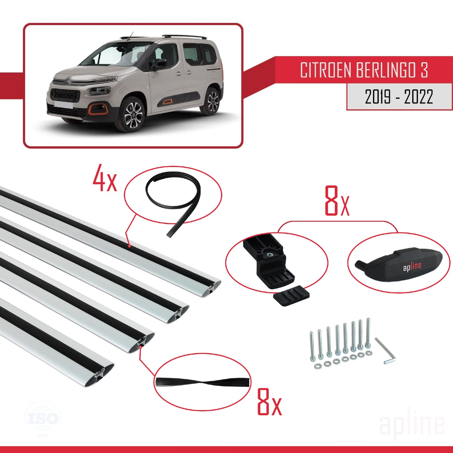 Compatible con Citroen Berlingo 3 (K9) 2019-2022 BASIC Model Barras de Techo Auto Portaequipajes Barras Transversales Gris Aluminio 4 Barras