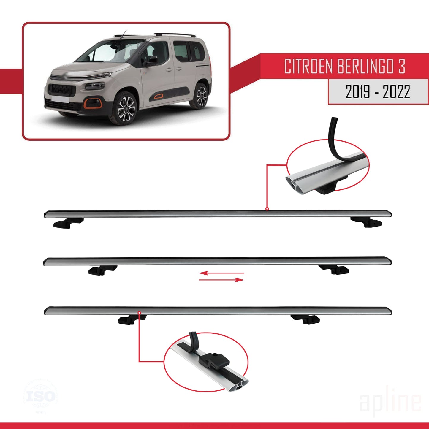 Compatible avec Citroen Berlingo 3 (K9) 2019-2022 BASIC Model Barres de Toit Railing Porte-Bagages de Voiture Gris Aluminium 2 Barres