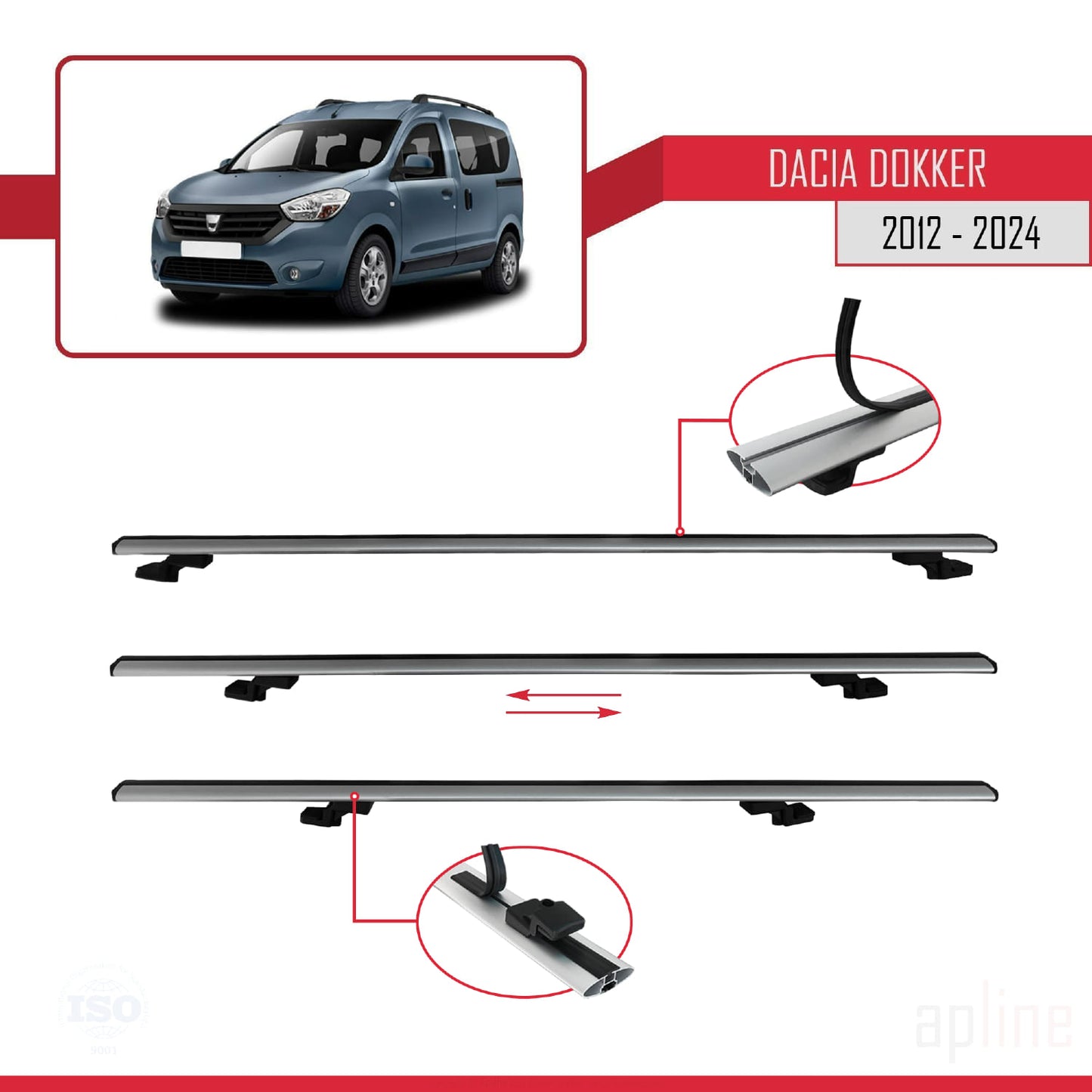 Compatible avec Dacia Dokker (K67) 2012-2024 BASIC Model Barres de Toit Railing Porte-Bagages de Voiture Gris Aluminium 3 Barres
