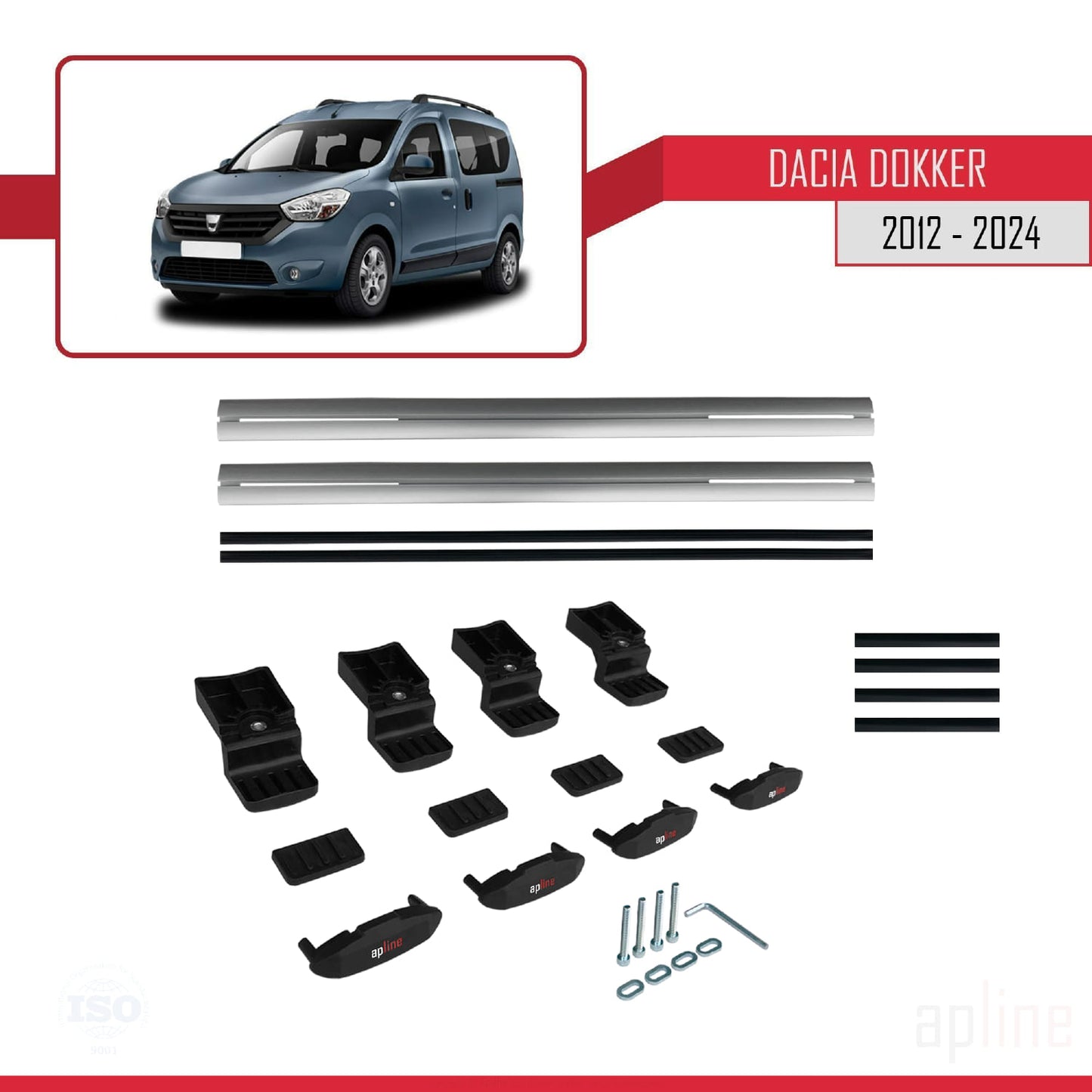 Compatible avec Dacia Dokker (K67) 2012-2024 BASIC Model Barres de Toit Railing Porte-Bagages de Voiture Gris Aluminium 2 Barres