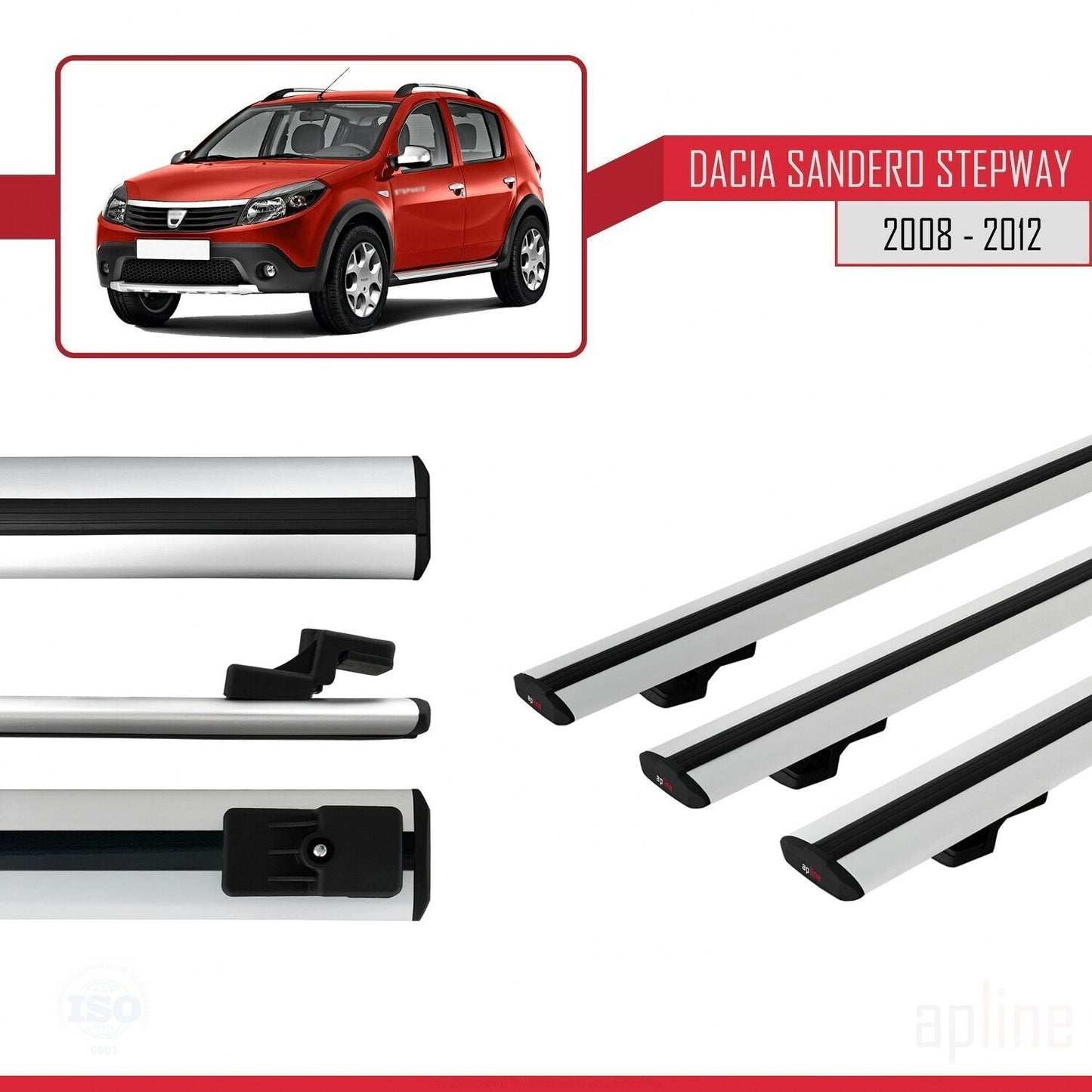 Kompatibel mit Dacia Sandero Stepway 2008-2012 Basismodell Dachgepäckträger, graues Aluminium, 3 Stangen