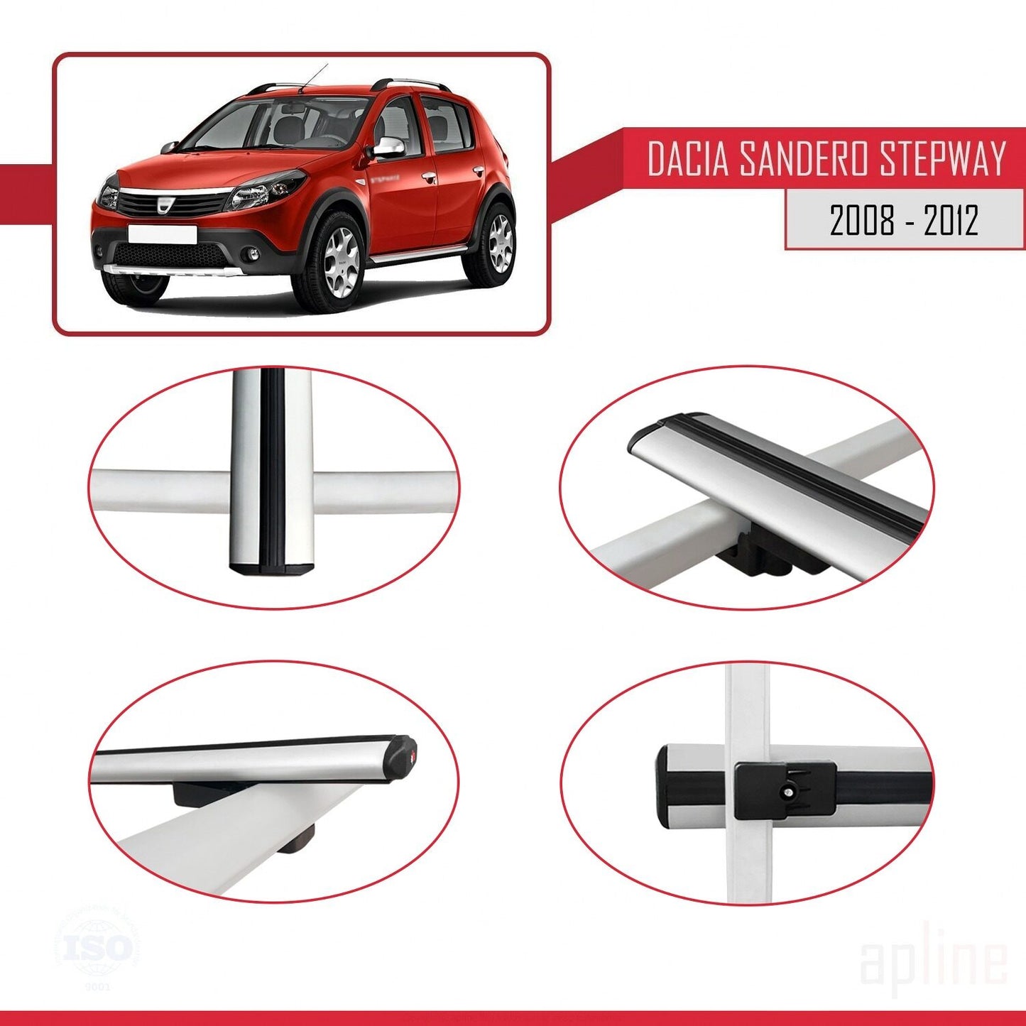 Kompatibel mit Dacia Sandero Stepway 2008-2012 Basismodell Dachgepäckträger, graues Aluminium, 2 Stangen