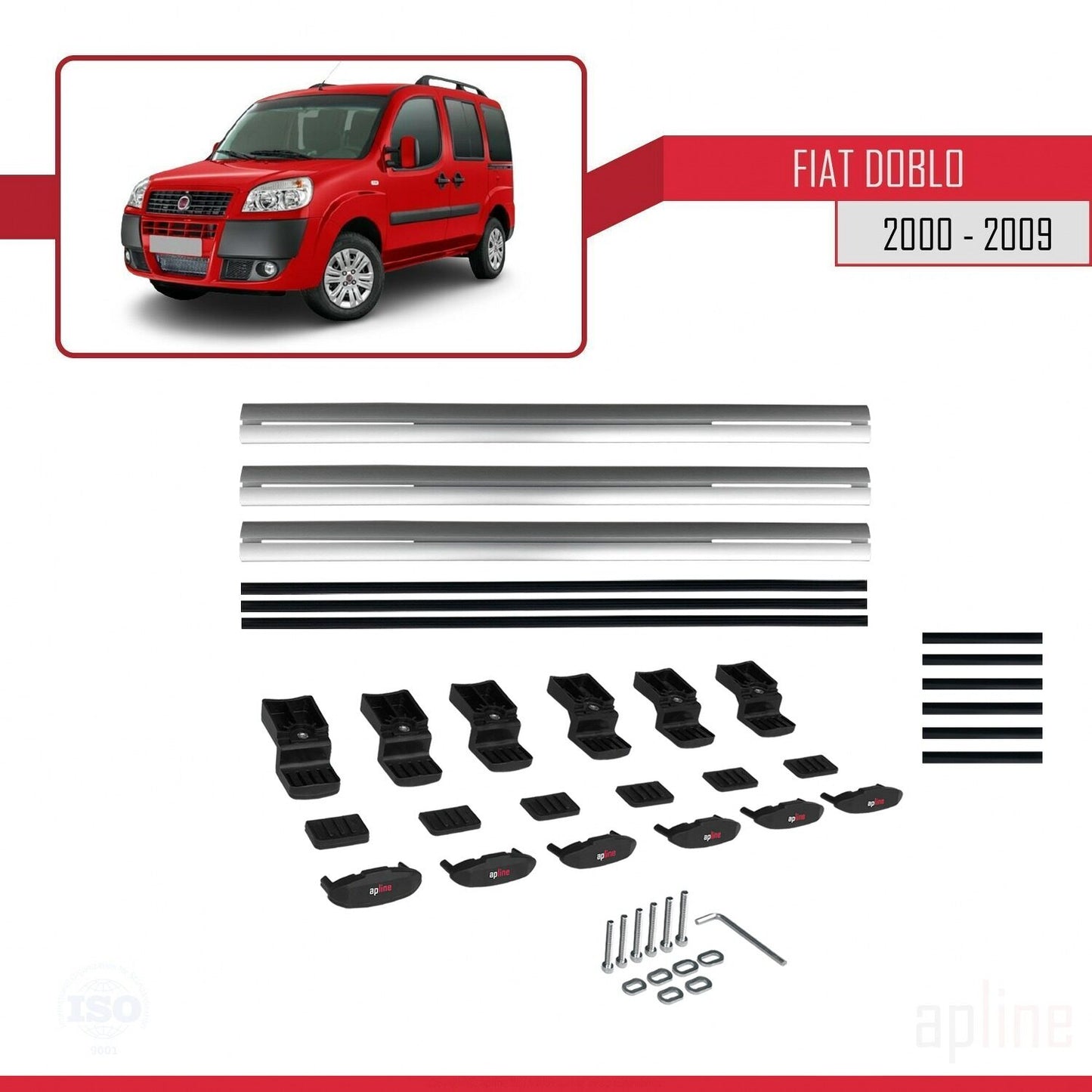 Kompatibel mit Fiat Doblo 2000-2009 Basismodell Dachgepäckträger, graues Aluminium, 3 Stangen