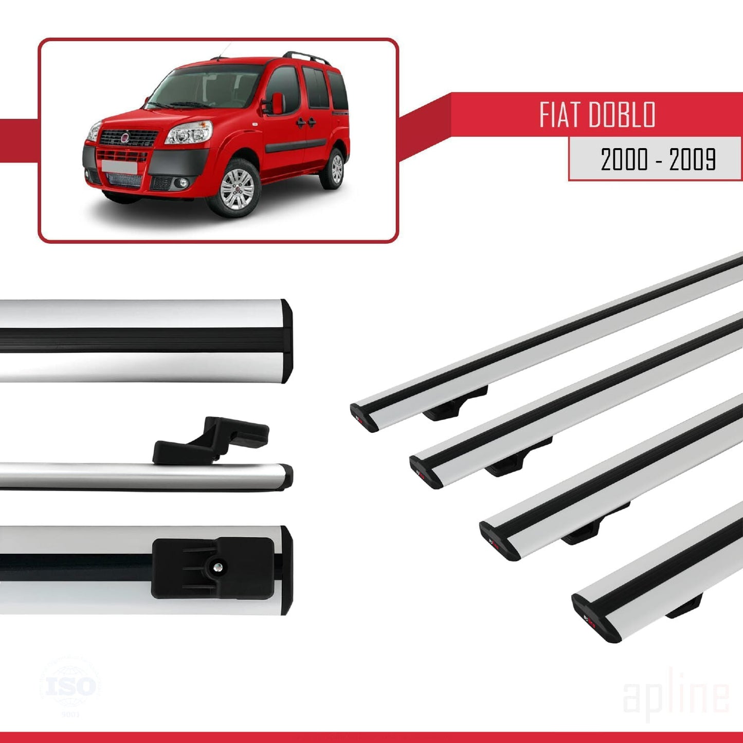 Kompatibel mit Fiat Doblo 2000-2009 Basismodell Dachgepäckträger, graues Aluminium, 4 Stangen