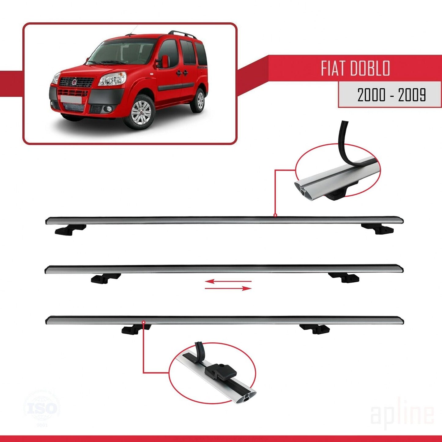 Kompatibel mit Fiat Doblo 2000-2009 Basismodell Dachgepäckträger, graues Aluminium, 2 Stangen