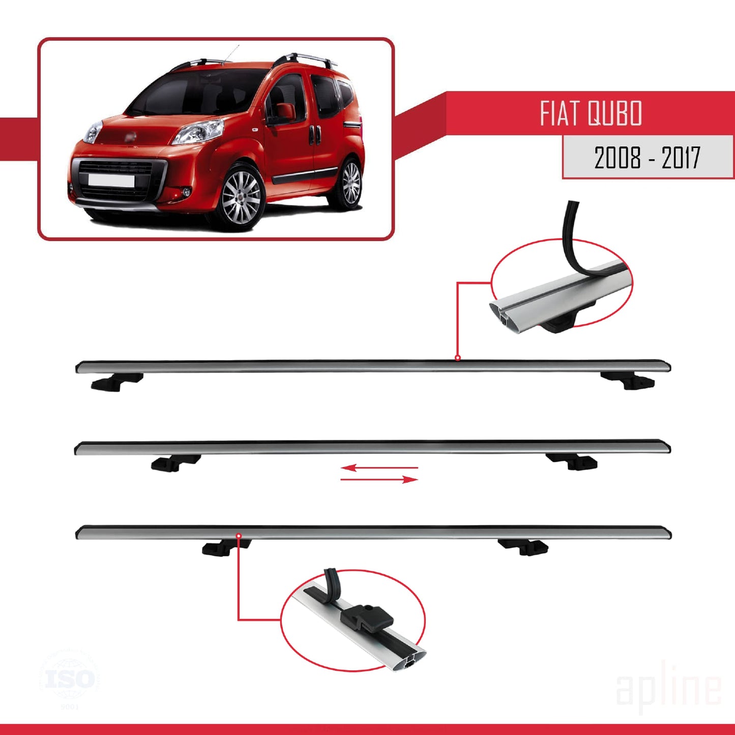 Kompatibel mit Fiat Qubo 2008-2017 Basismodell Dachgepäckträger, graues Aluminium, 3 Stangen