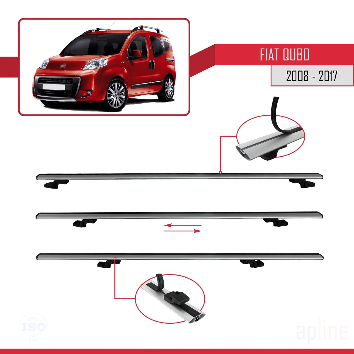 Kompatibel mit Fiat Qubo 2008-2017 Basismodell Dachgepäckträger, graues Aluminium, 4 Stangen
