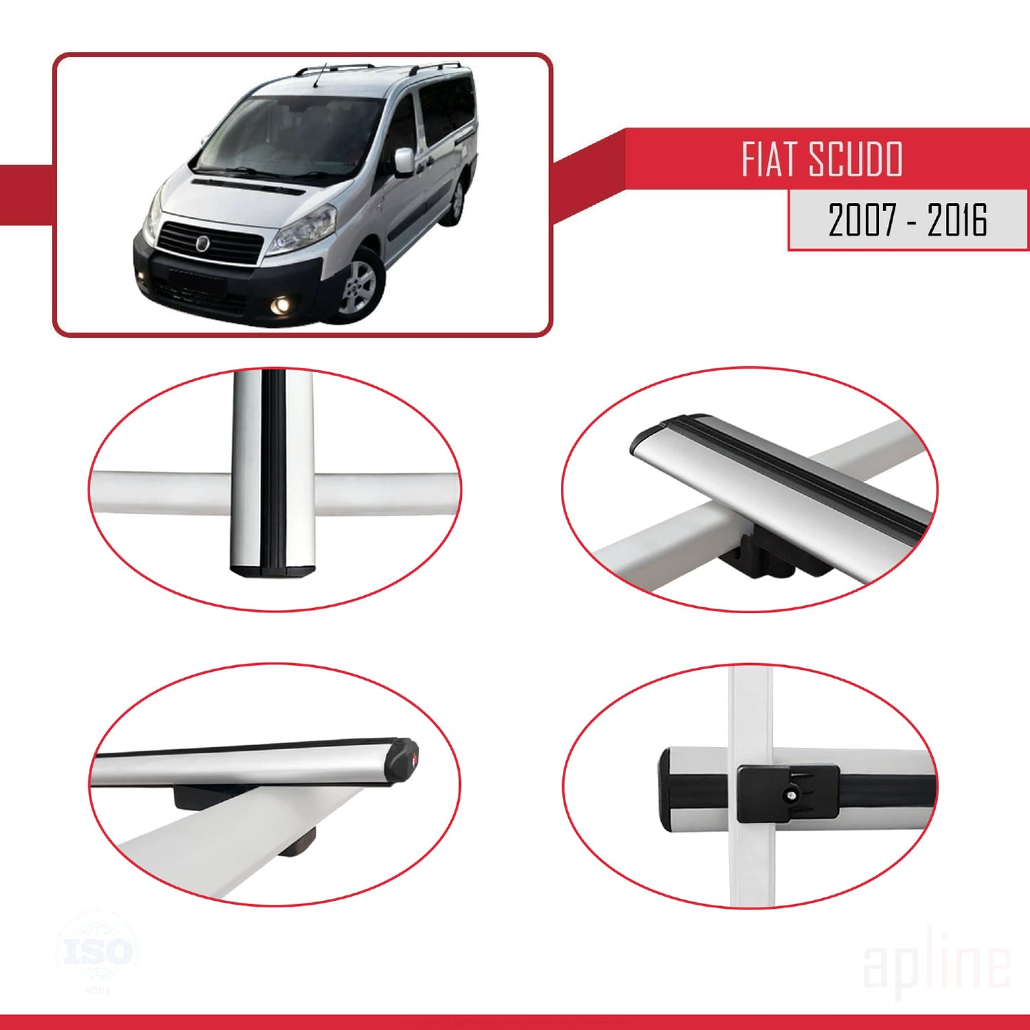 Kompatibel mit Fiat Scudo 2 2007-2016 Basismodell Dachgepäckträger, graues Aluminium, 4 Stangen