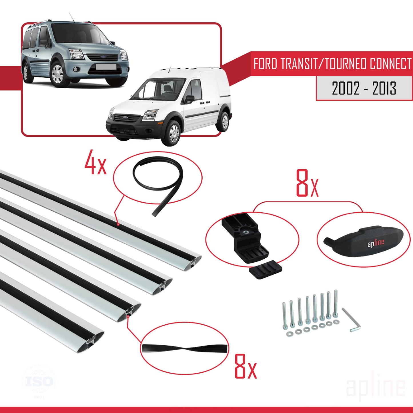 Compatible with Ford Transit/Tourneo Connect 2002-2013 BASIC Model Car Roof Rack Cross Bar Grey Aluminium 4 Bars