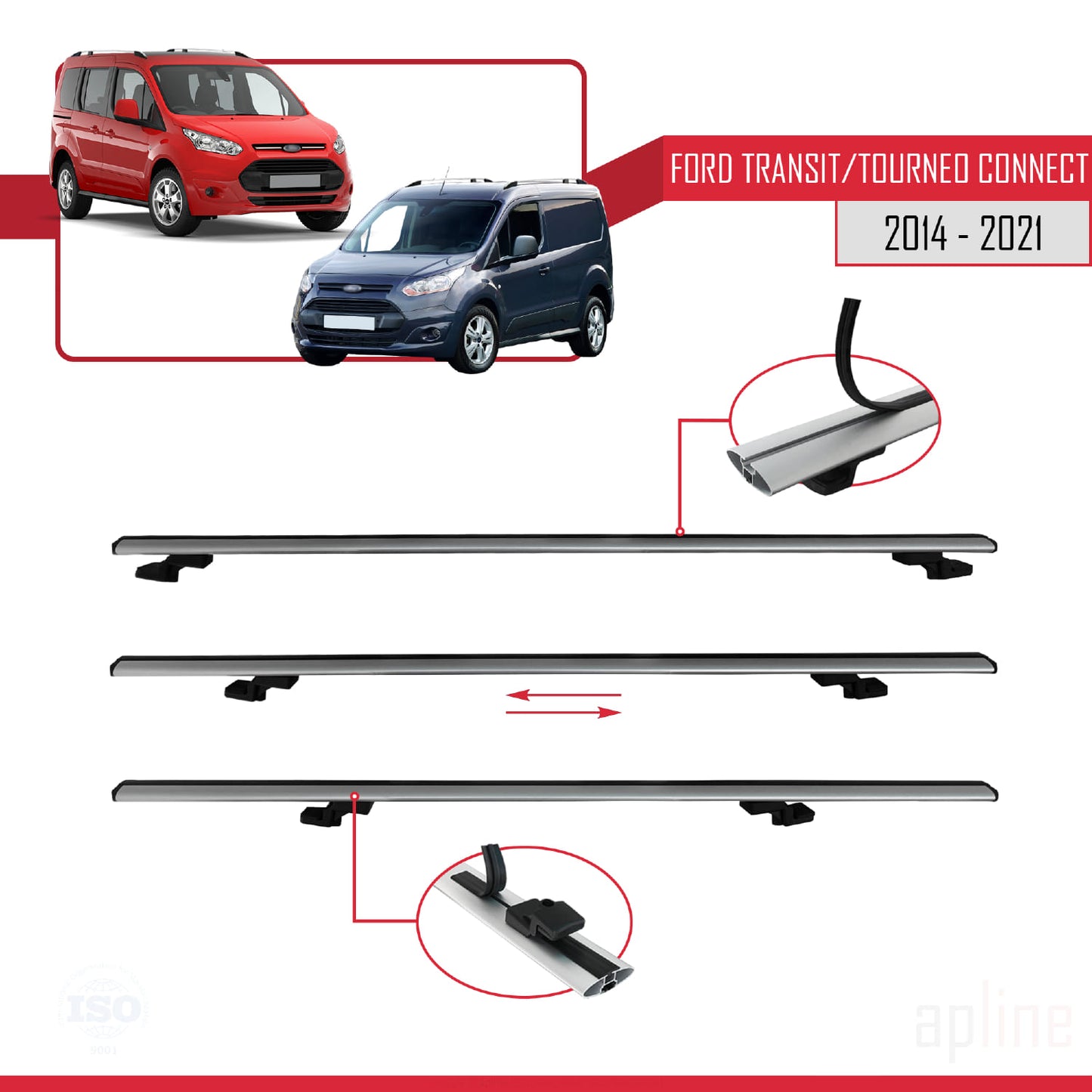 Compatible con Ford Transit/Tourneo Connect 2 2014-2021 BASIC Model Barras de Techo Auto Portaequipajes Barras Transversales Gris Aluminio 3 Barras