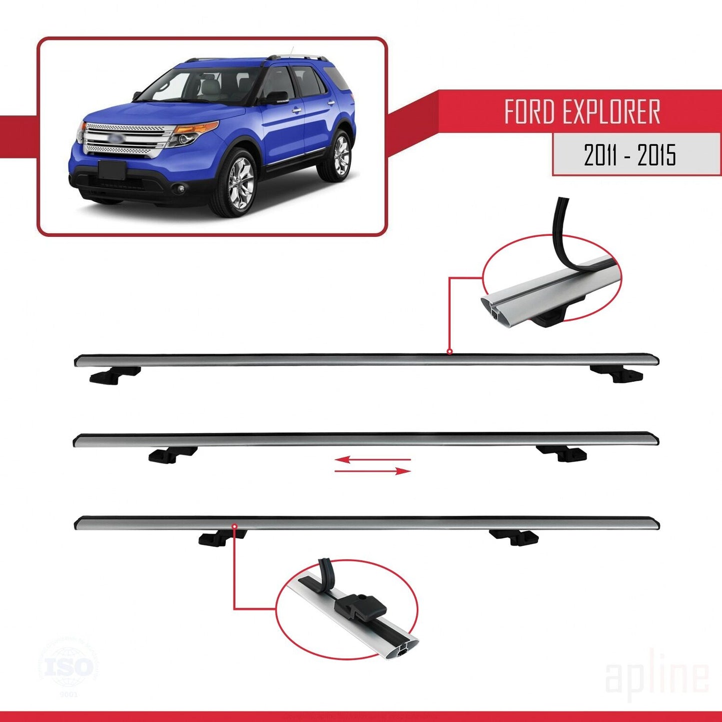Compatible avec Ford Explorer 5 (U502) Pre-Facelift 2011-2015 BASIC Model Barres de Toit Railing Porte-Bagages de Voiture Gris Aluminium 3 Barres