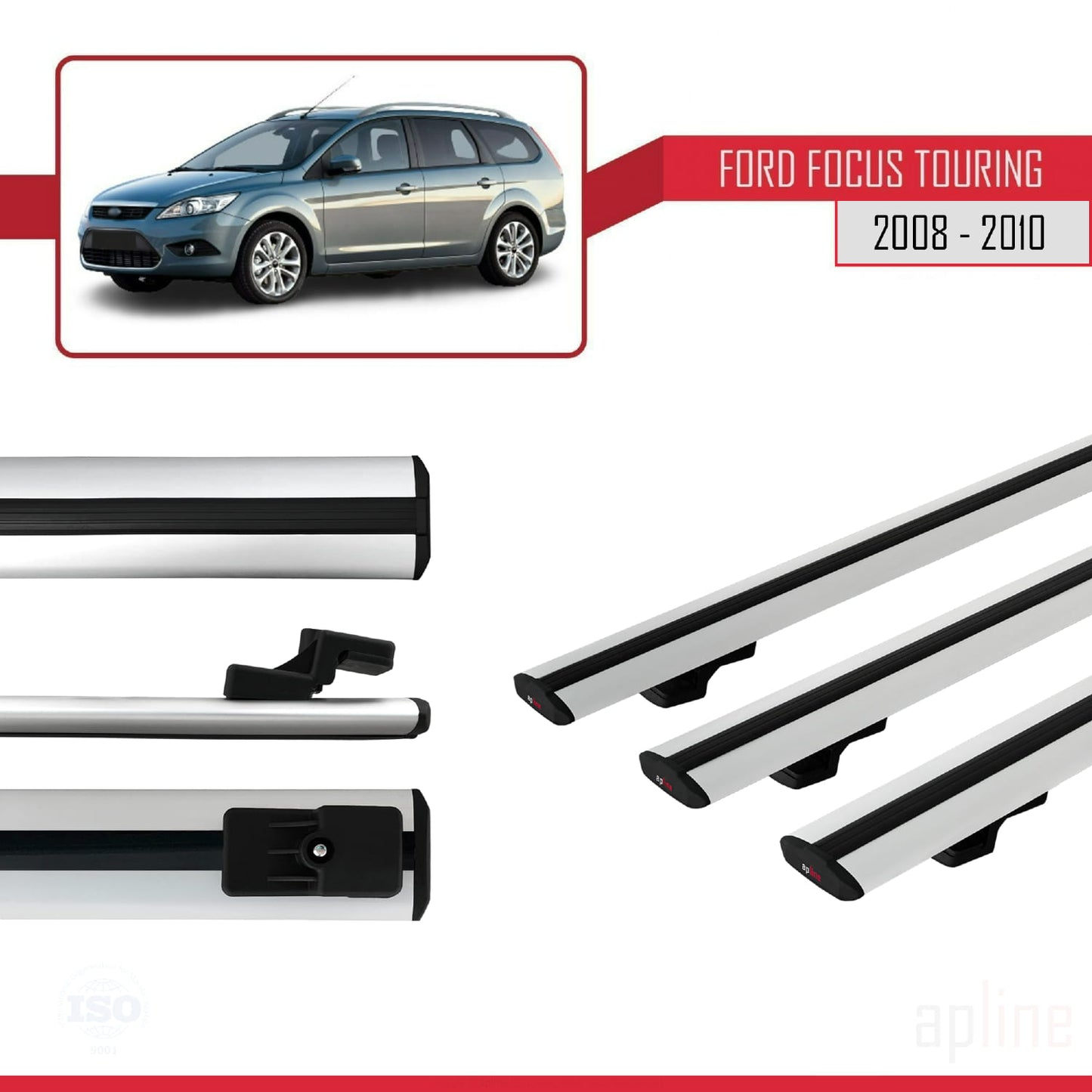 Compatible avec Ford Focus 2 (C307) Turnier 2008-2010 BASIC Model Barres de Toit Railing Porte-Bagages de Voiture Gris Aluminium 3 Barres