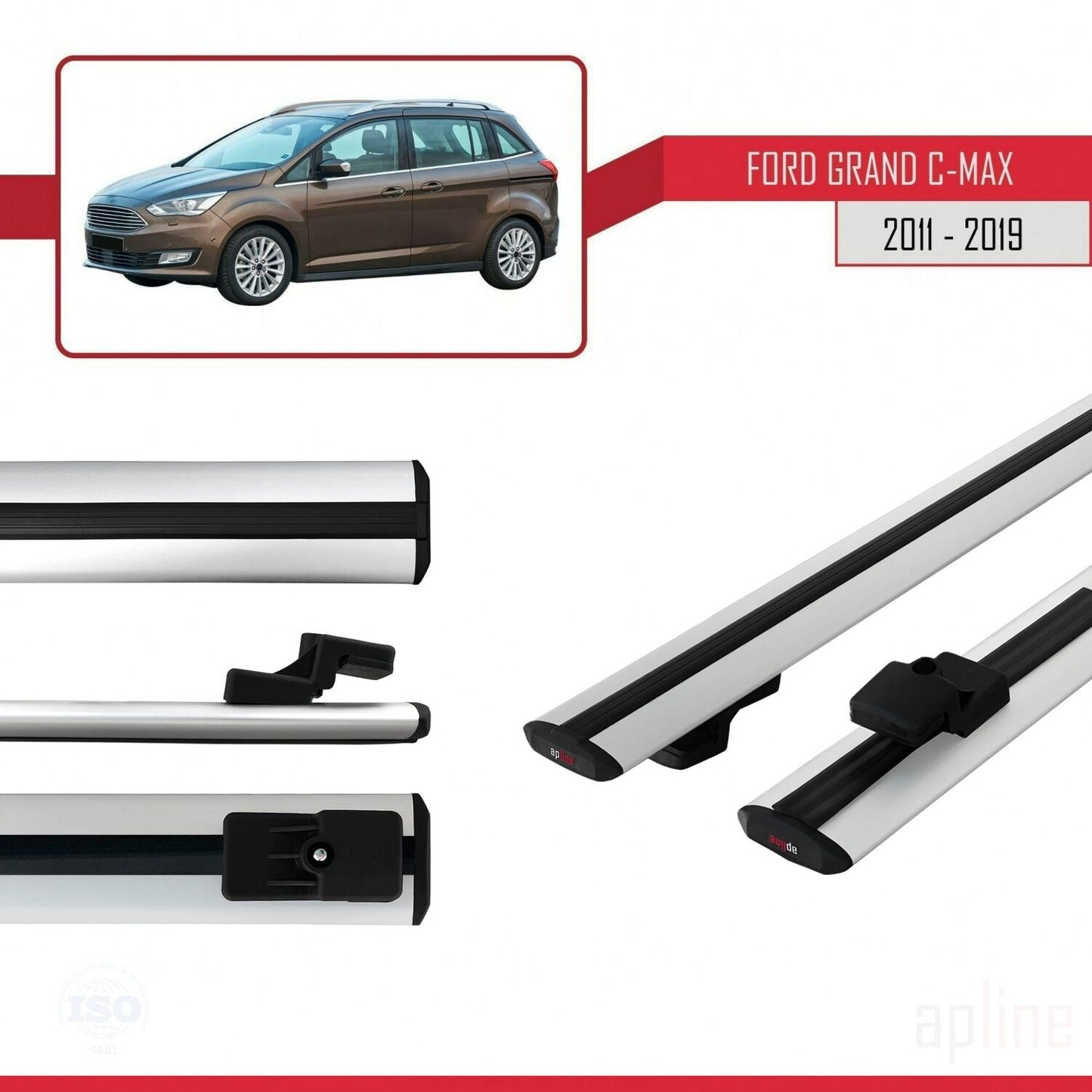 Compatible avec Ford Grand C-Max (C344) 2011-2019 BASIC Model Barres de Toit Railing Porte-Bagages de Voiture Gris Aluminium 2 Barres