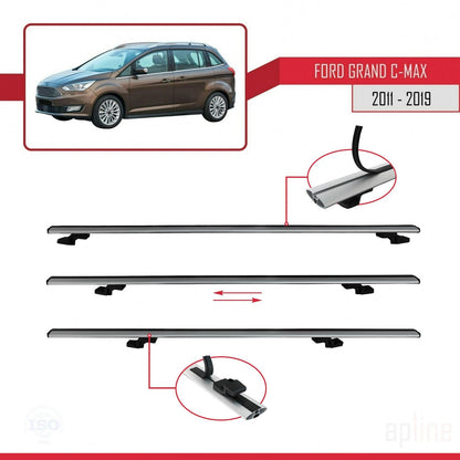 Compatible avec Ford Grand C-Max (C344) 2011-2019 BASIC Model Barres de Toit Railing Porte-Bagages de Voiture Gris Aluminium 2 Barres