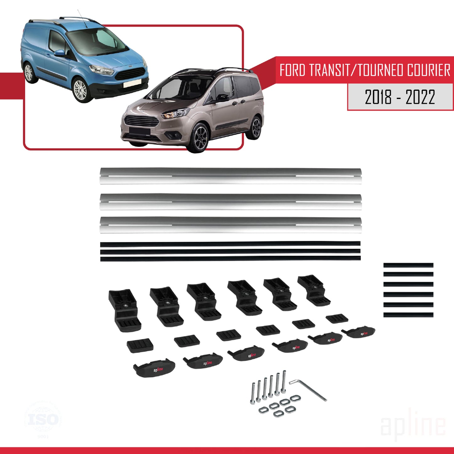 Compatible with Ford Transit/Tourneo Courier Post-Facelift 2018-2022 BASIC Model Car Roof Rack Cross Bar Grey Aluminium 3 Bars