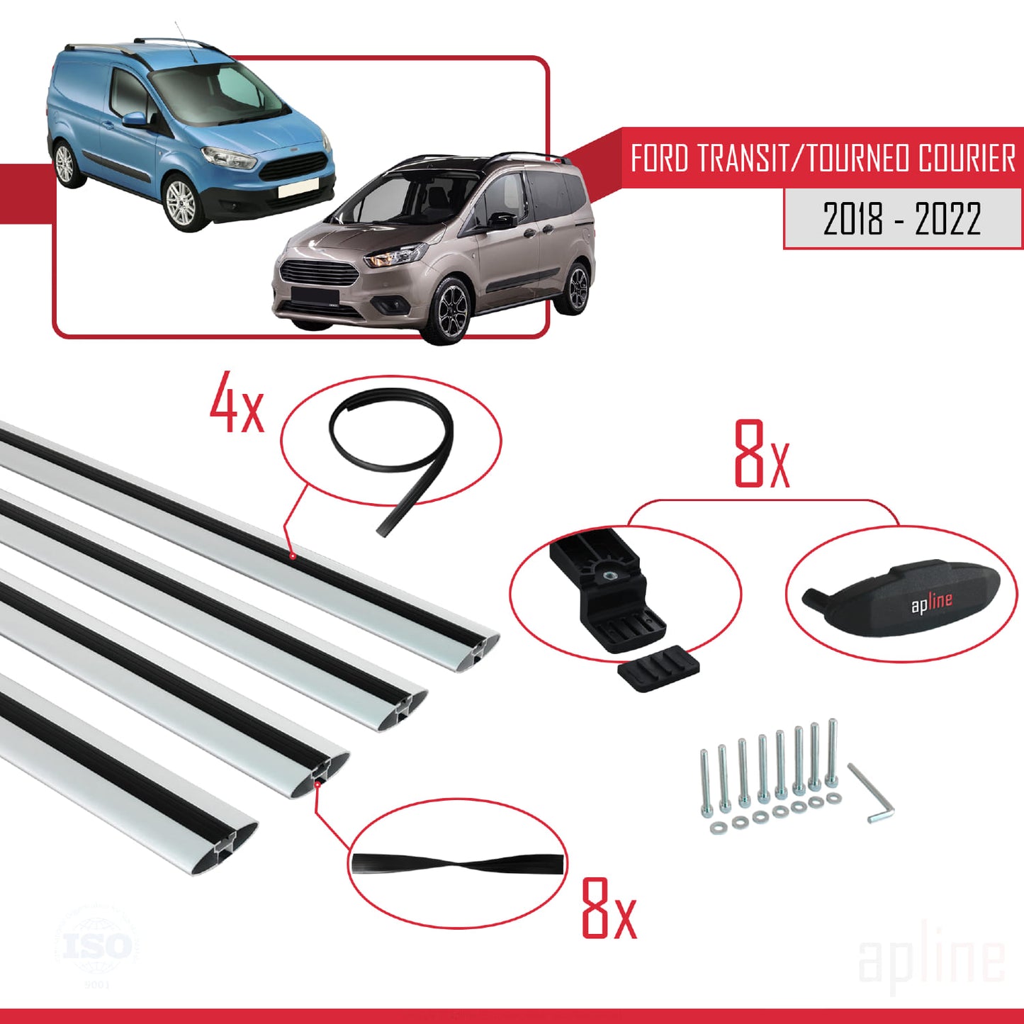 Compatible avec Ford Transit/Tourneo Courier Post-Facelift 2018-2022 BASIC Model Barres de Toit Railing Porte-Bagages de Voiture Gris Aluminium 4 Barres