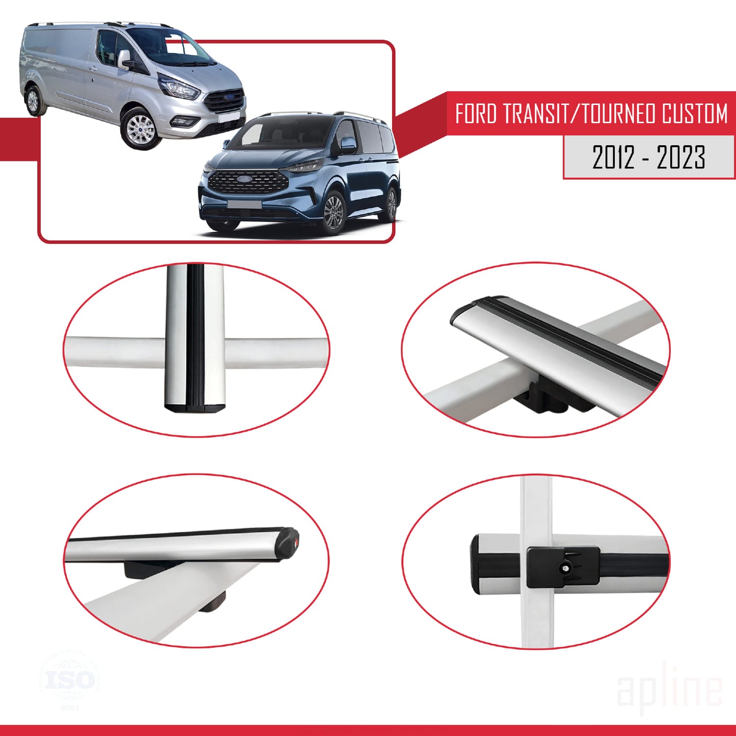 Compatible avec Ford Transit/Tourneo Custom 2012-2023 BASIC Model Barres de Toit Railing Porte-Bagages de Voiture Gris Aluminium 4 Barres