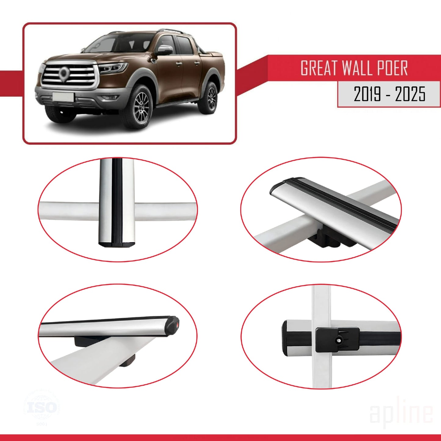 Compatible avec Great Wall Poer 2019-2025 BASIC Model Barres de Toit Railing Porte-Bagages de Voiture Gris Aluminium 3 Barres