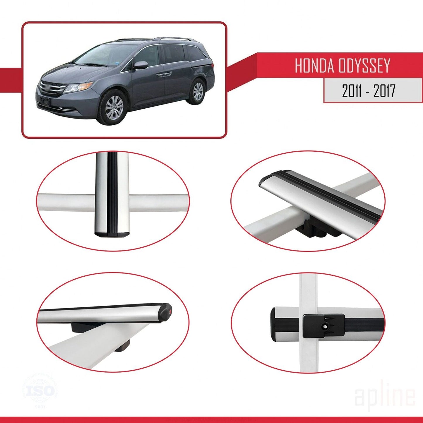 Compatible avec Honda Odyssey 2011-2017 BASIC Model Barres de Toit Railing Porte-Bagages de Voiture Gris Aluminium 2 Barres