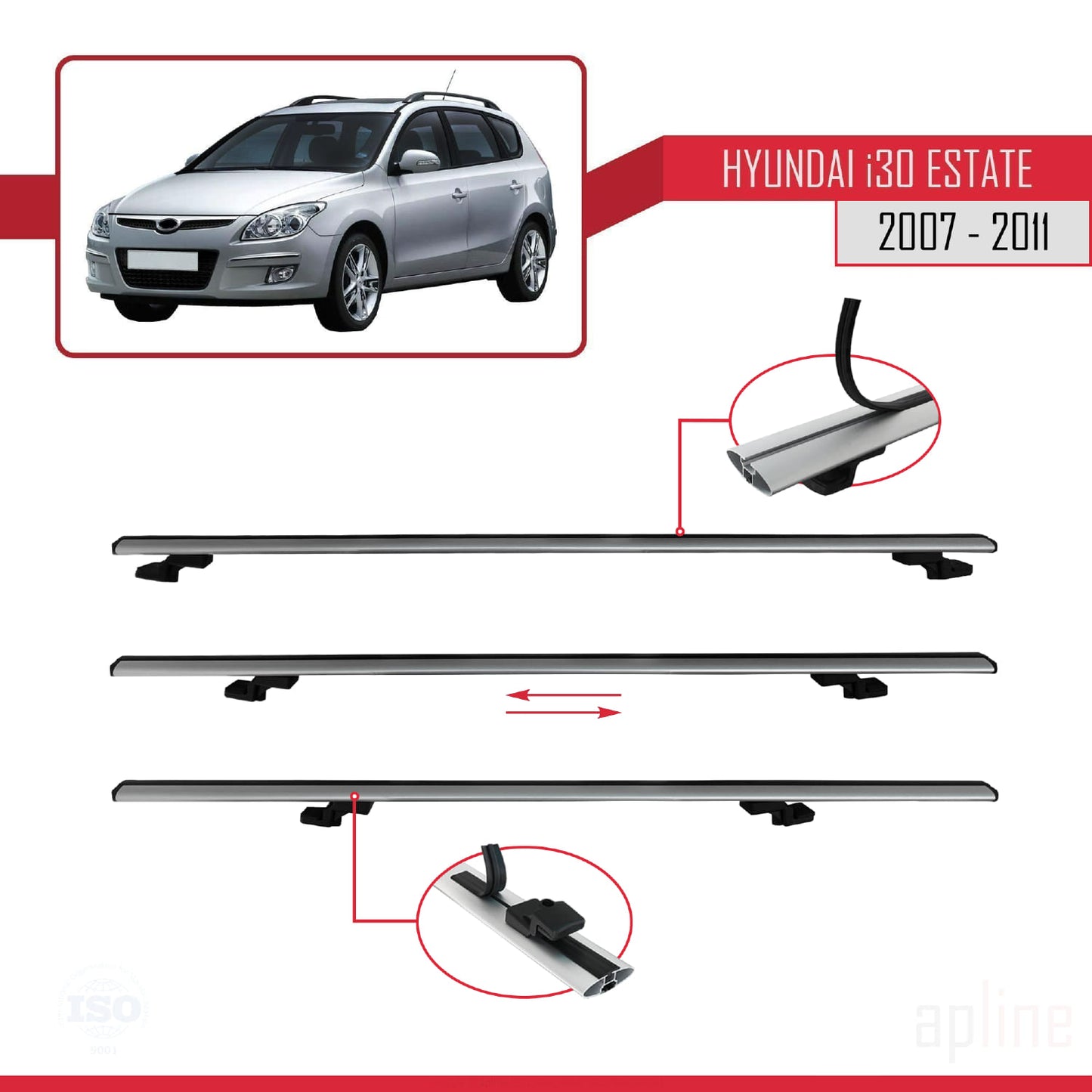 Compatible avec Hyundai i30 (FD) Break 2007-2011 BASIC Model Barres de Toit Railing Porte-Bagages de Voiture Gris Aluminium 2 Barres
