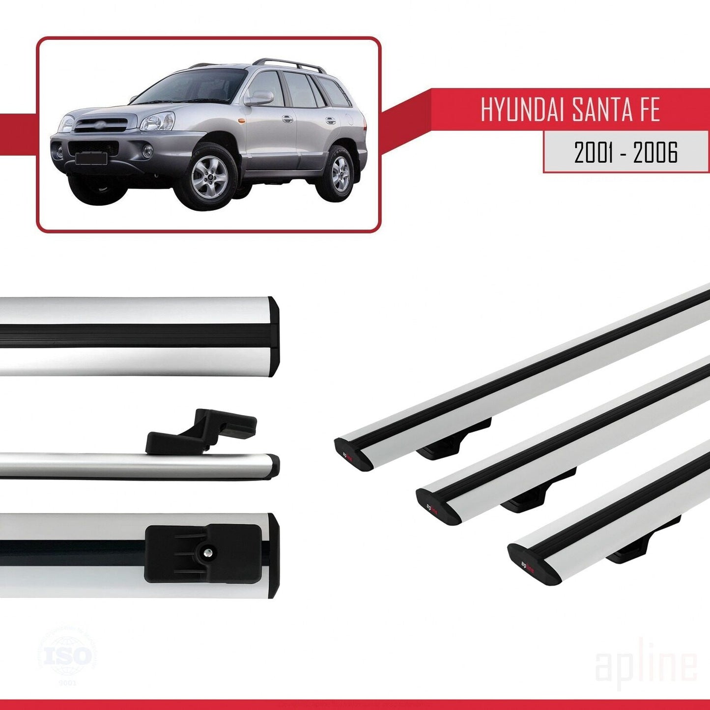 Compatible avec Hyundai Santa Fe (SM) 2001-2006 BASIC Model Barres de Toit Railing Porte-Bagages de Voiture Gris Aluminium 3 Barres