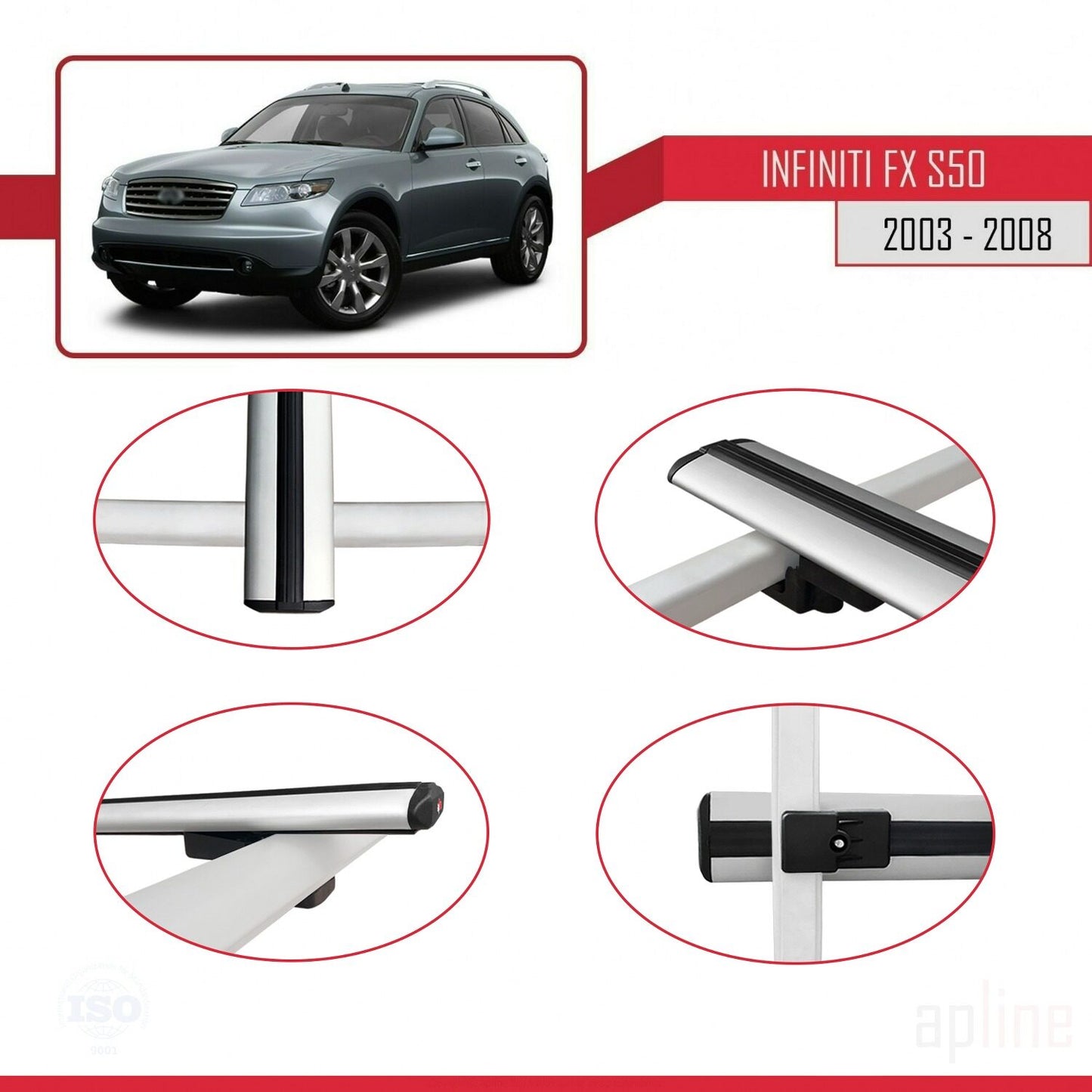 Compatible avec Infiniti FX (S50) 2003-2008 BASIC Model Barres de Toit Railing Porte-Bagages de Voiture Gris Aluminium 2 Barres