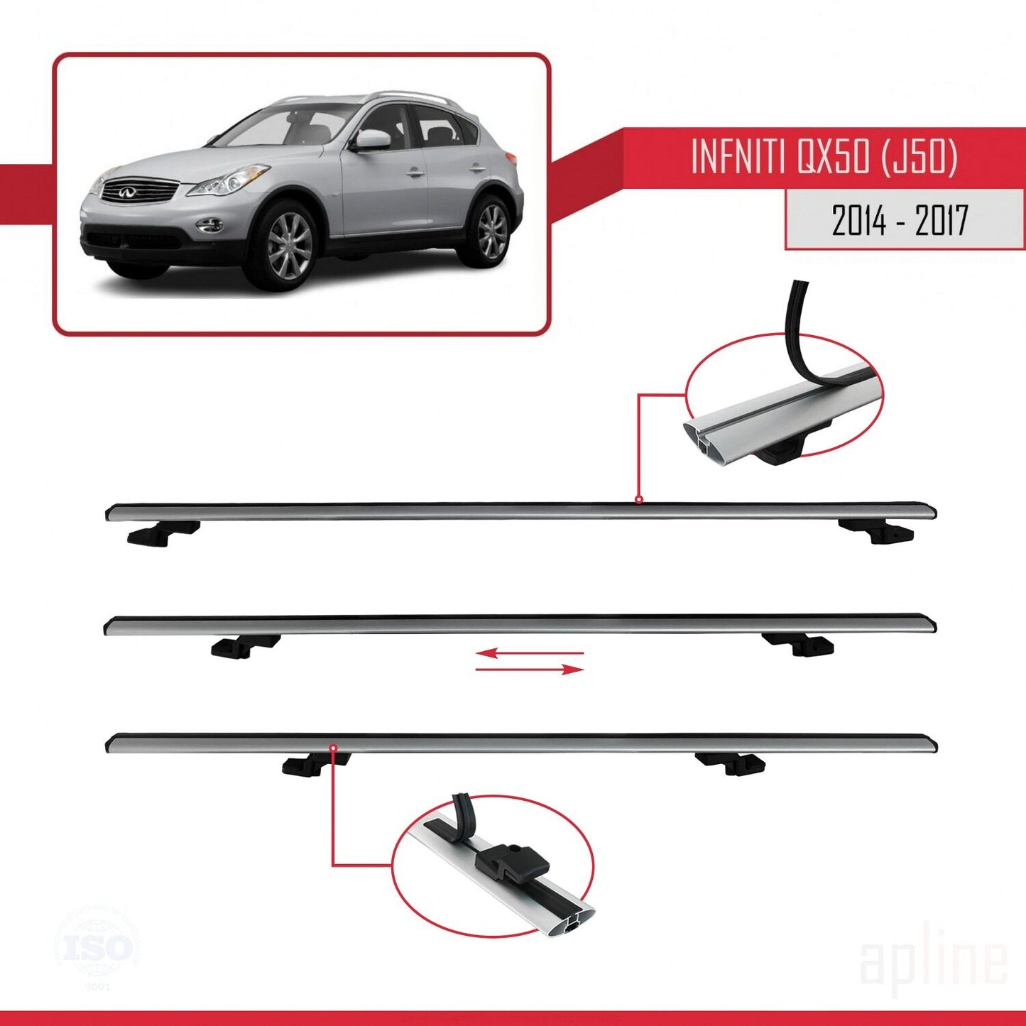 Compatible with Infiniti QX50 (J50) 2014-2017 BASIC Model Car Roof Rack Cross Bar Grey Aluminium 2 Bars