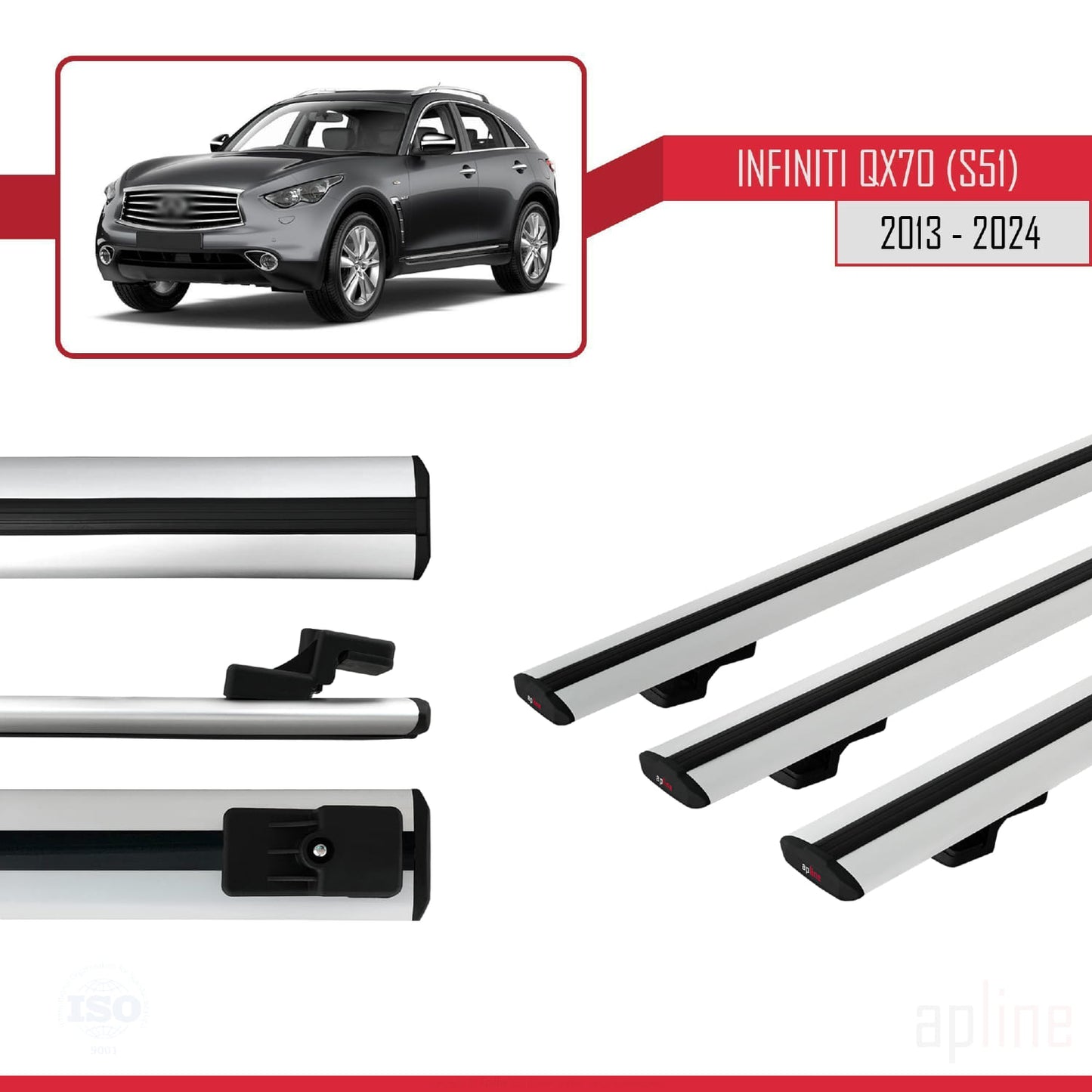 Compatible with Infiniti QX70 (S51) 2013-2017 BASIC Model Car Roof Rack Cross Bar Grey Aluminium 3 Bars