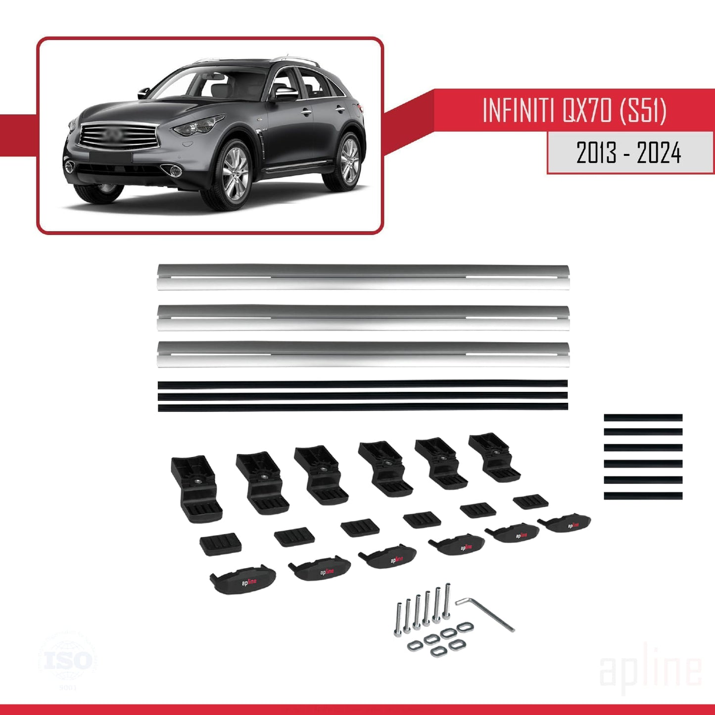 Compatible with Infiniti QX70 (S51) 2013-2017 BASIC Model Car Roof Rack Cross Bar Grey Aluminium 3 Bars