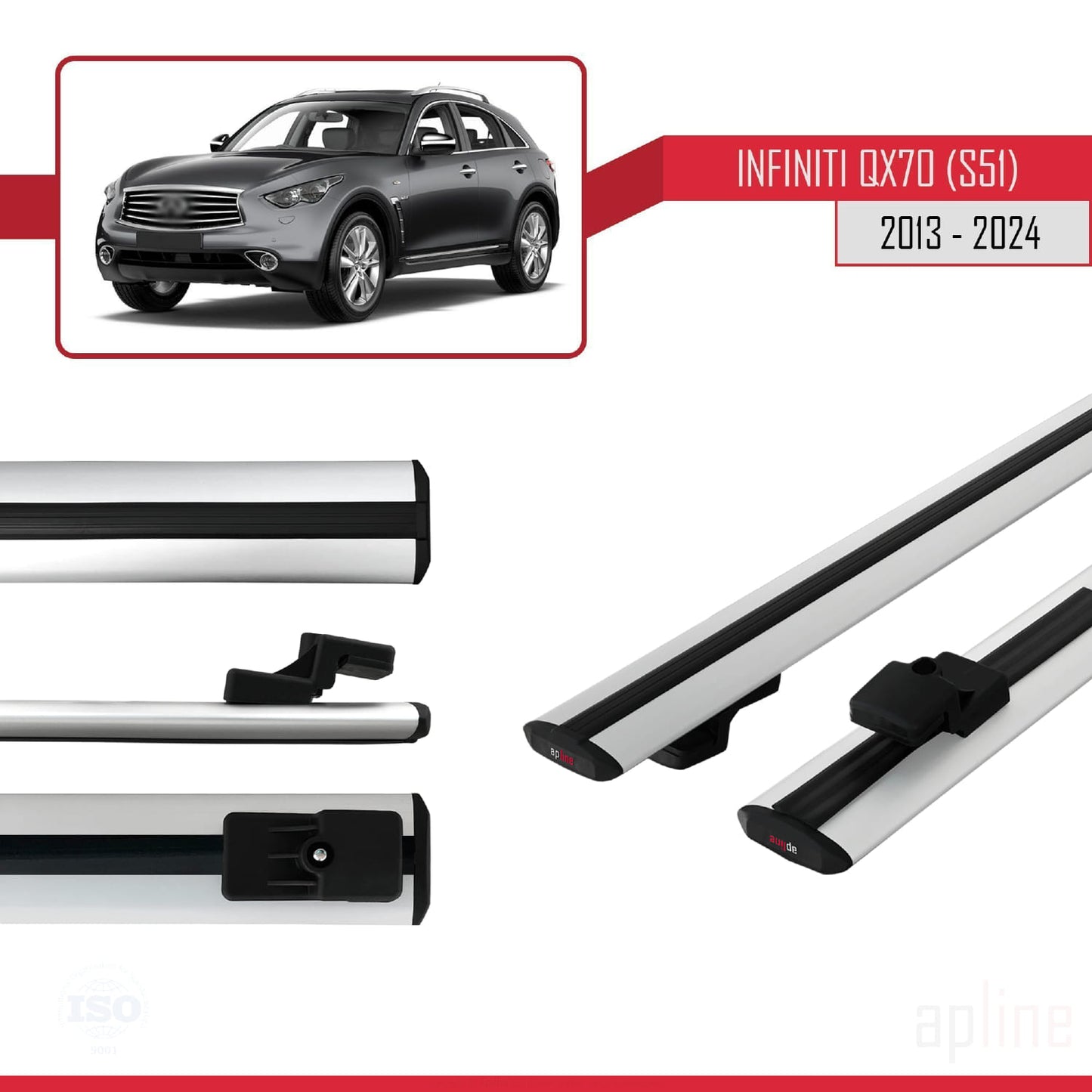 Compatible with Infiniti QX70 (S51) 2013-2017 BASIC Model Car Roof Rack Cross Bar Grey Aluminium 2 Bars