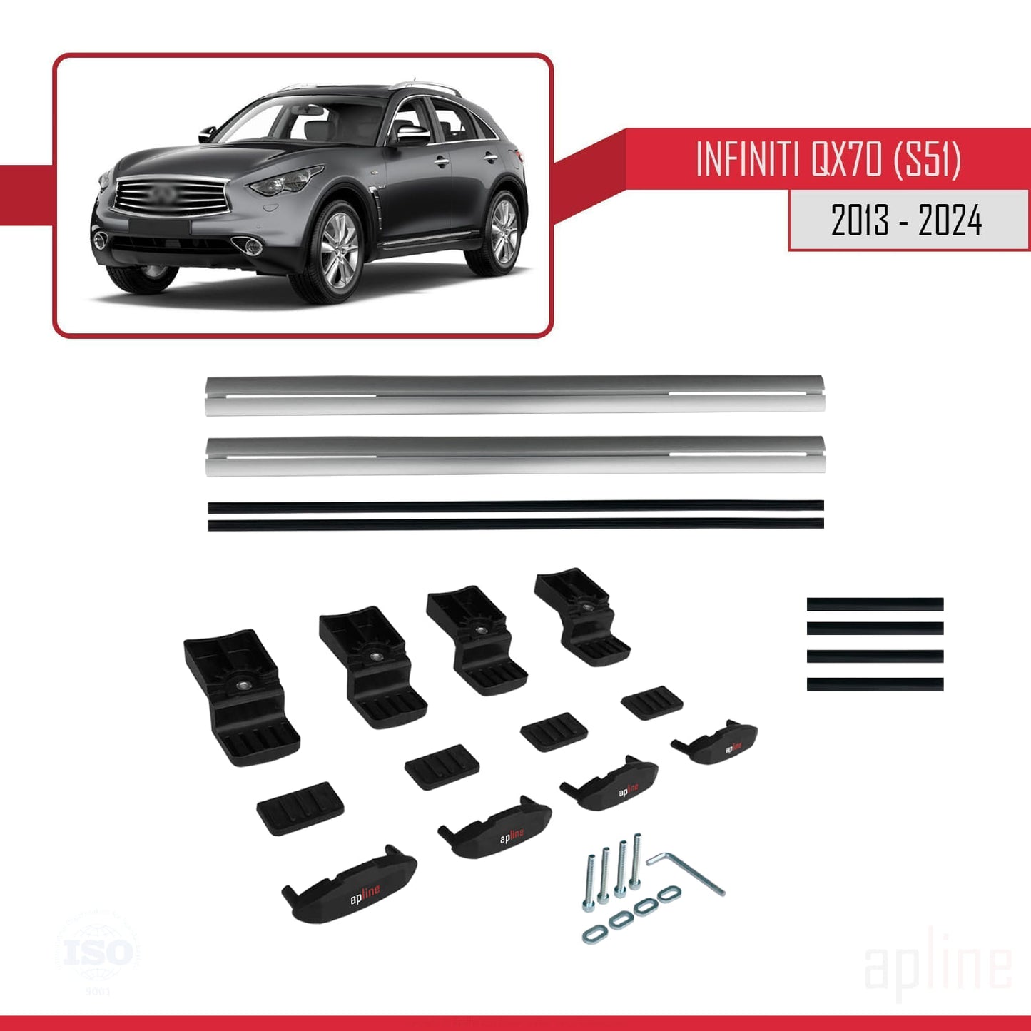 Compatible with Infiniti QX70 (S51) 2013-2017 BASIC Model Car Roof Rack Cross Bar Grey Aluminium 2 Bars